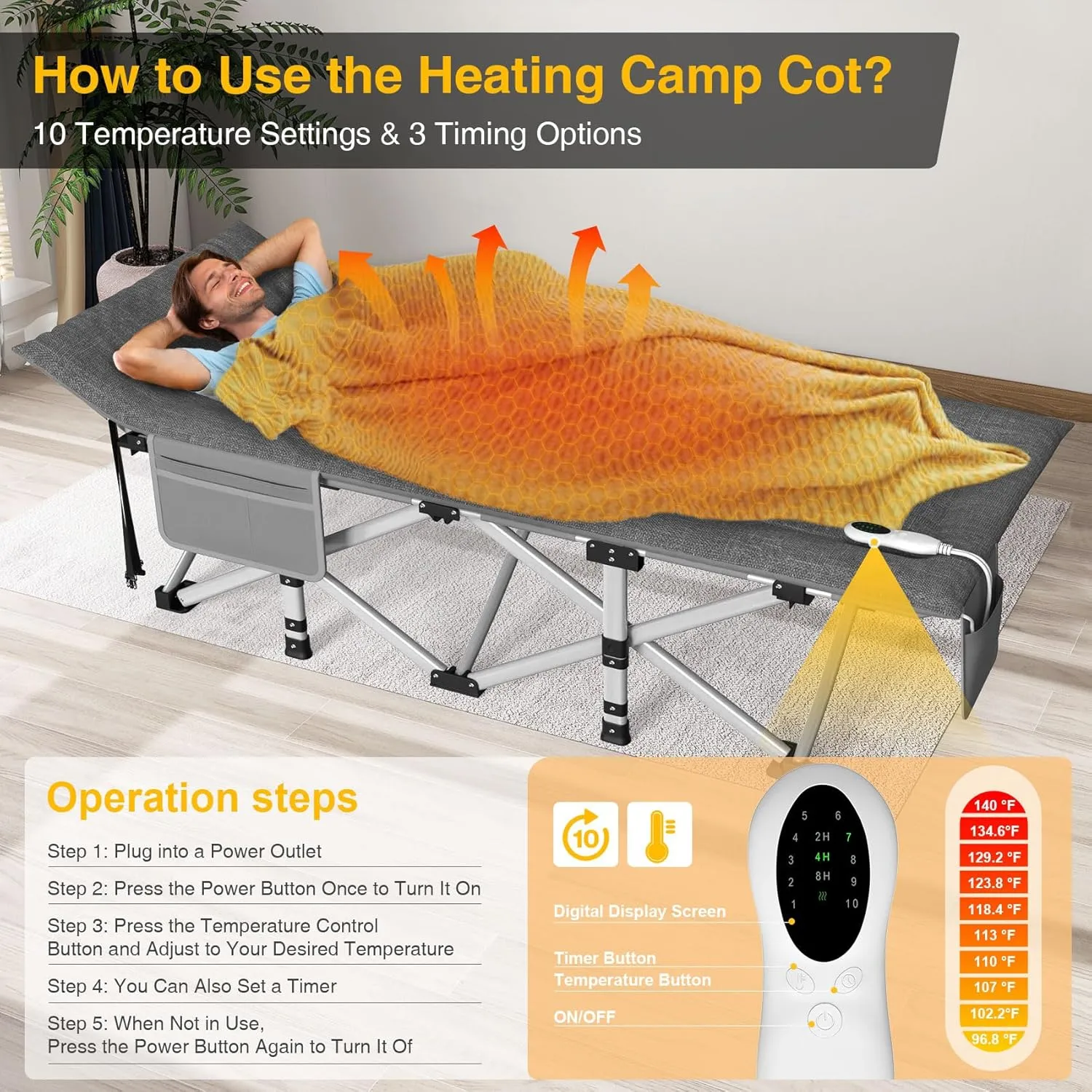Suteck Heated Camping Cot, Folding Camping Cot Bed for Adults Sleeping Portable Folding Outdoor Cots for Camping W/Build-in Soft Cotton Pad and Carry Bag for Home Office Nap Beach Travel, 500LBS