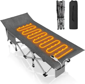 Suteck Heated Camping Cot, Folding Camping Cot Bed for Adults Sleeping Portable Folding Outdoor Cots for Camping W/Build-in Soft Cotton Pad and Carry Bag for Home Office Nap Beach Travel, 500LBS
