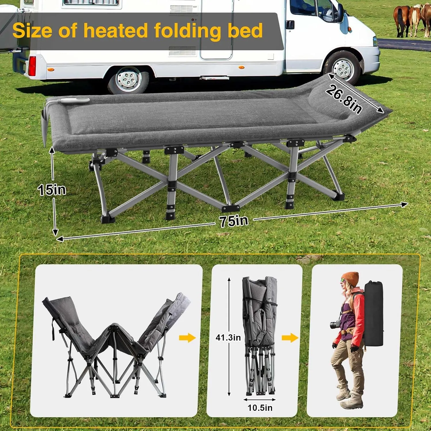 Suteck Heated Camping Cot, Folding Camping Cot Bed for Adults Sleeping Portable Folding Outdoor Cots for Camping W/Build-in Soft Cotton Pad and Carry Bag for Home Office Nap Beach Travel, 500LBS