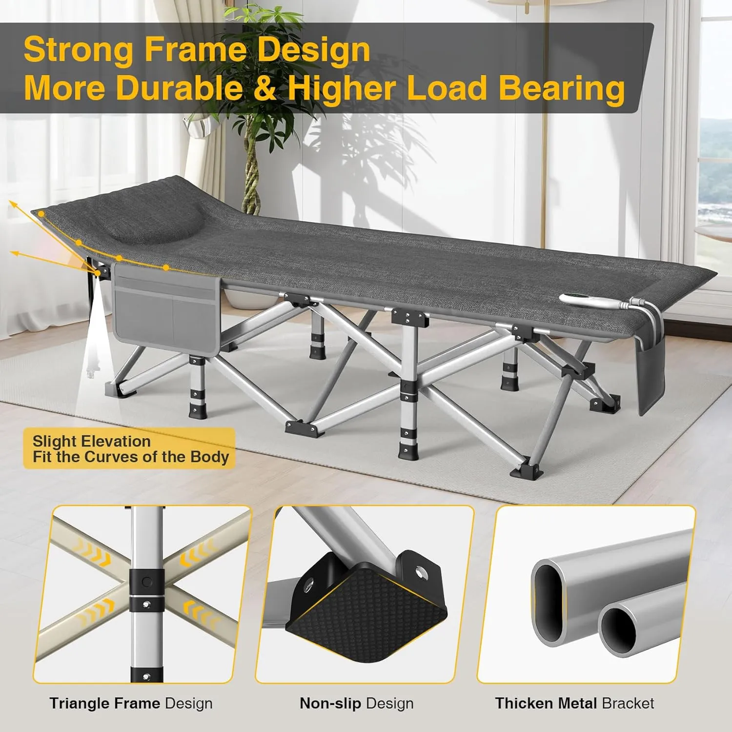 Suteck Heated Camping Cot, Folding Camping Cot Bed for Adults Sleeping Portable Folding Outdoor Cots for Camping W/Build-in Soft Cotton Pad and Carry Bag for Home Office Nap Beach Travel, 500LBS