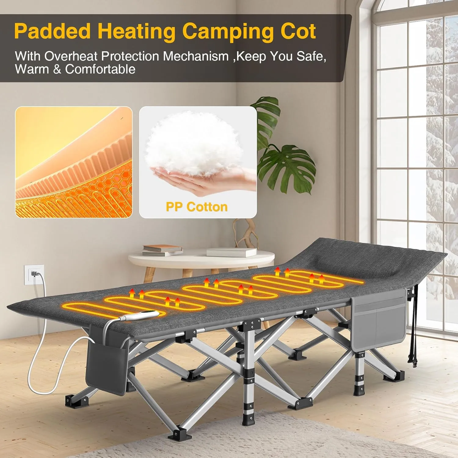 Suteck Heated Camping Cot, Folding Camping Cot Bed for Adults Sleeping Portable Folding Outdoor Cots for Camping W/Build-in Soft Cotton Pad and Carry Bag for Home Office Nap Beach Travel, 500LBS
