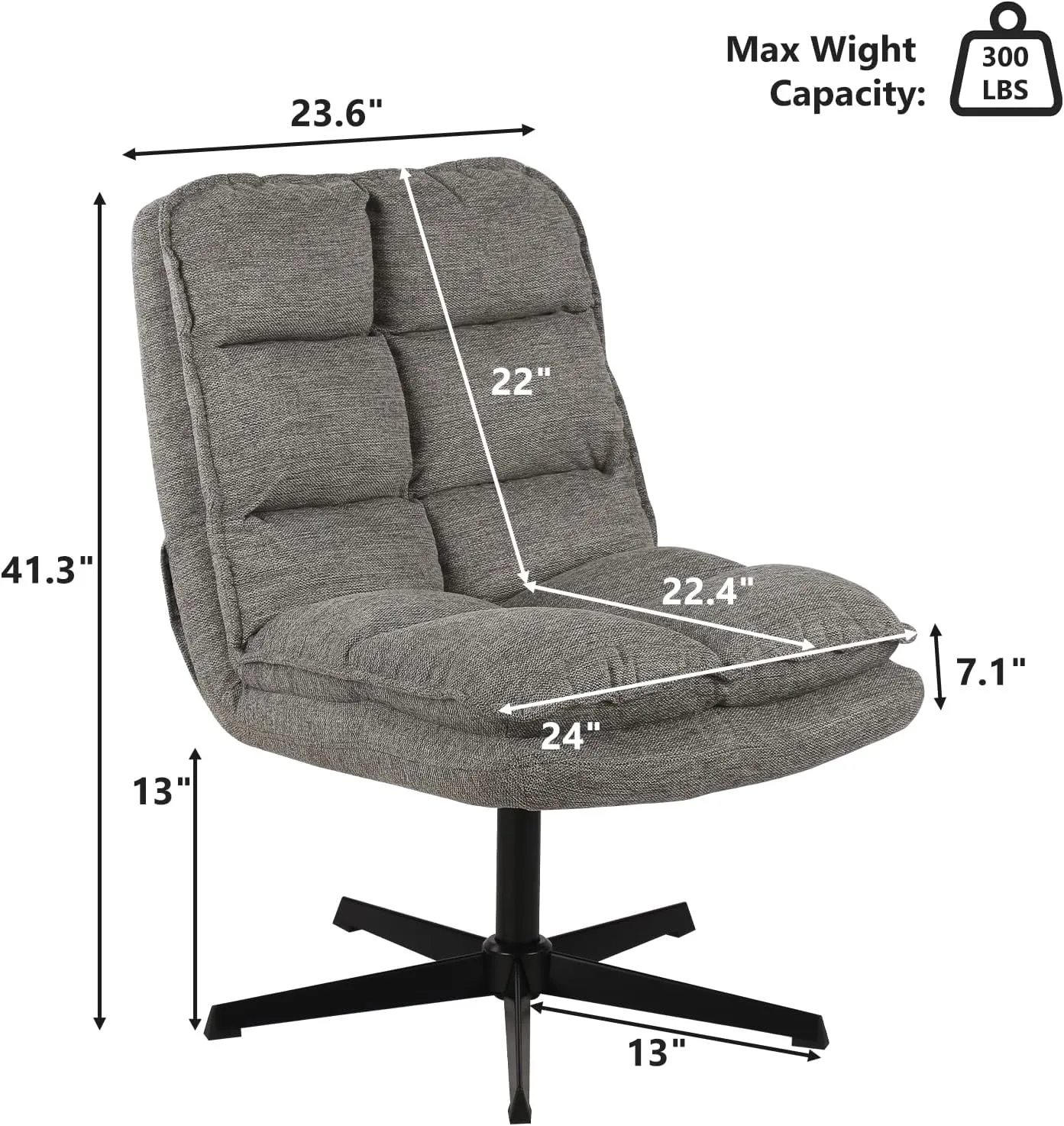 Swivel Accent Chair, Modern Upholstered Lounge Chair with 360 Degree Swiveling, Comfy Armless Criss Cross Chairs with High Back, Single Sofa Chairs for Living Room Bedroom, Grey