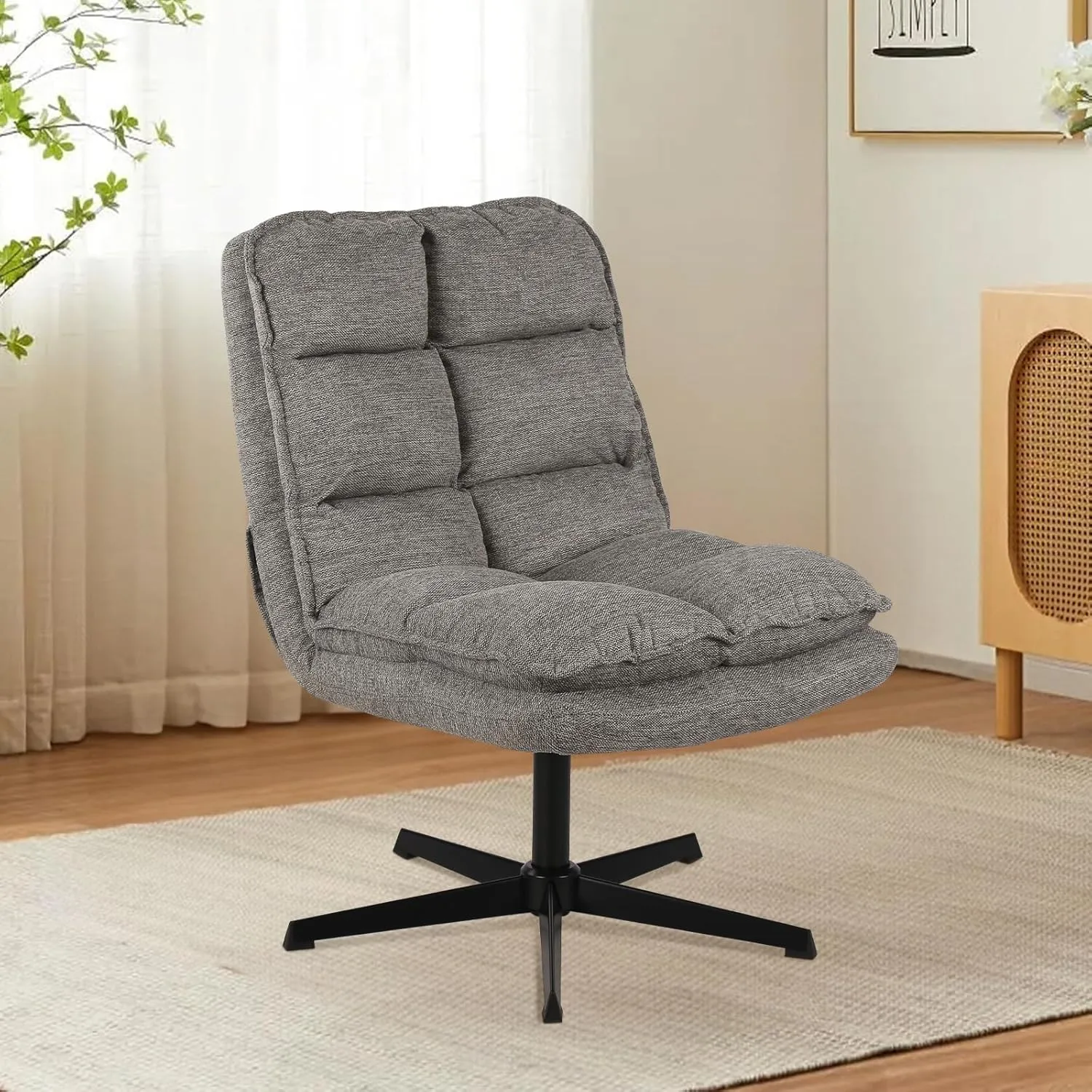 Swivel Accent Chair, Modern Upholstered Lounge Chair with 360 Degree Swiveling, Comfy Armless Criss Cross Chairs with High Back, Single Sofa Chairs for Living Room Bedroom, Grey