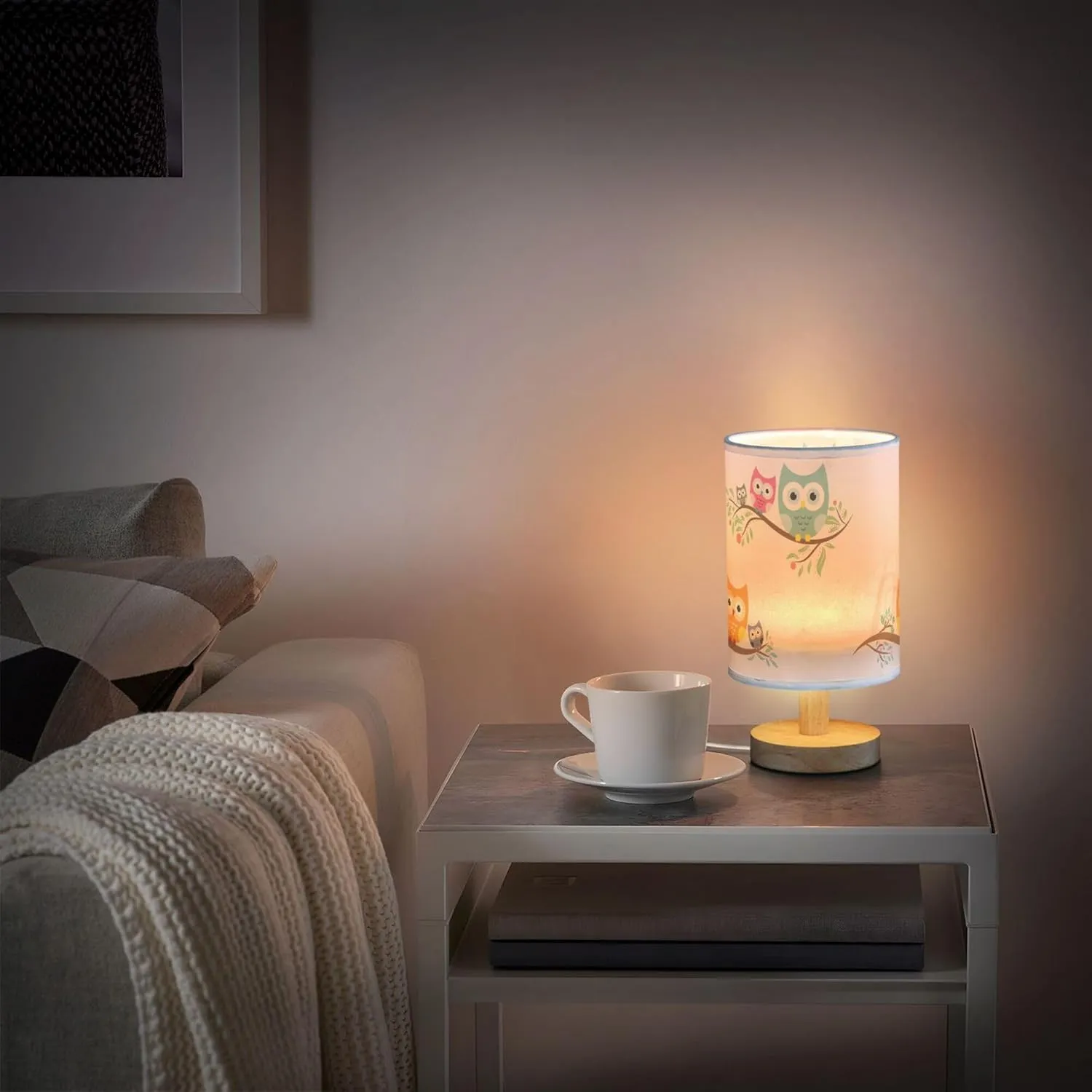 Table Lamp Cute Cartoon Owl with Baby Child on Tree Branch Nightstand Lamp with Wood Base Fabric Lamp Shade Bedside Desk Lamp for Living Room Bedroom Kids Room Office