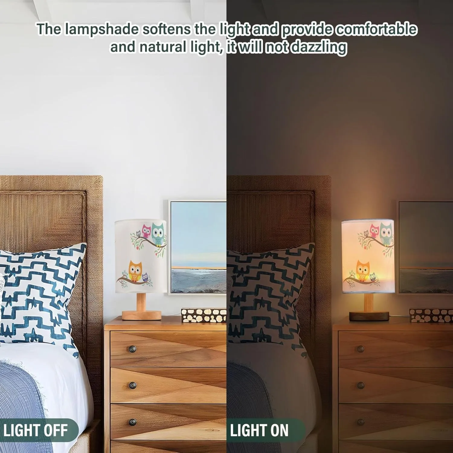 Table Lamp Cute Cartoon Owl with Baby Child on Tree Branch Nightstand Lamp with Wood Base Fabric Lamp Shade Bedside Desk Lamp for Living Room Bedroom Kids Room Office
