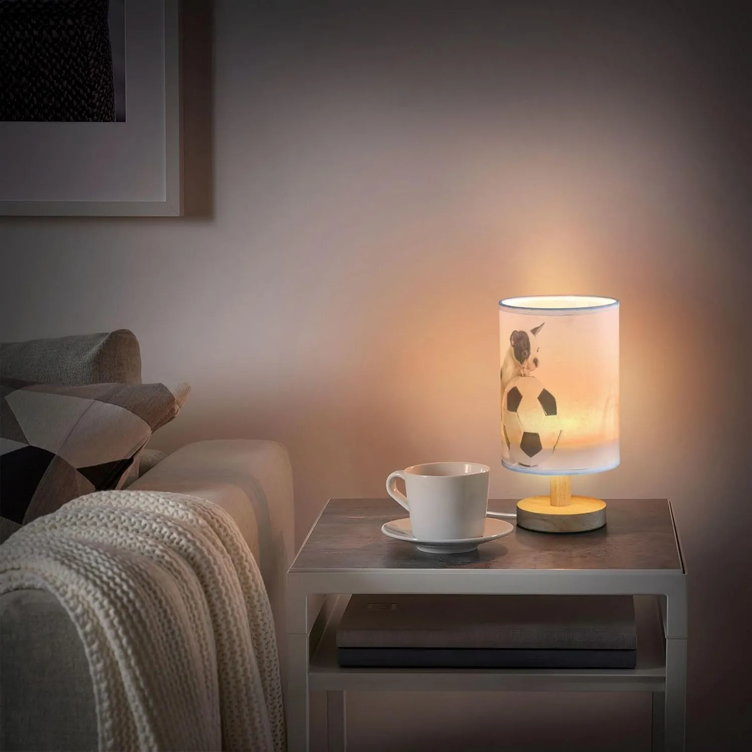 Table Lamp French Bulldog Puppy Dog Football Soccer Ball Nightstand Lamp with Wood Base Fabric Lamp Shade Bedside Desk Lamp for Living Room Bedroom Kids Room Office