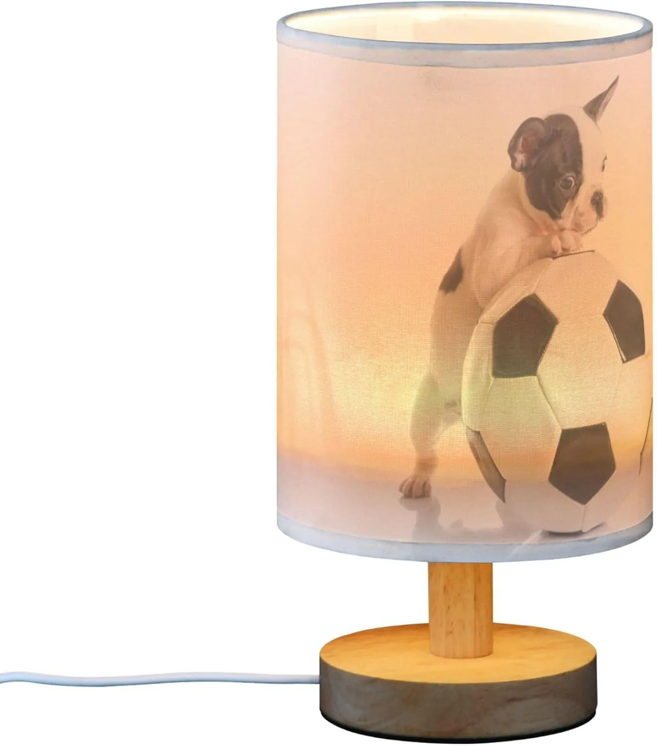 Table Lamp French Bulldog Puppy Dog Football Soccer Ball Nightstand Lamp with Wood Base Fabric Lamp Shade Bedside Desk Lamp for Living Room Bedroom Kids Room Office