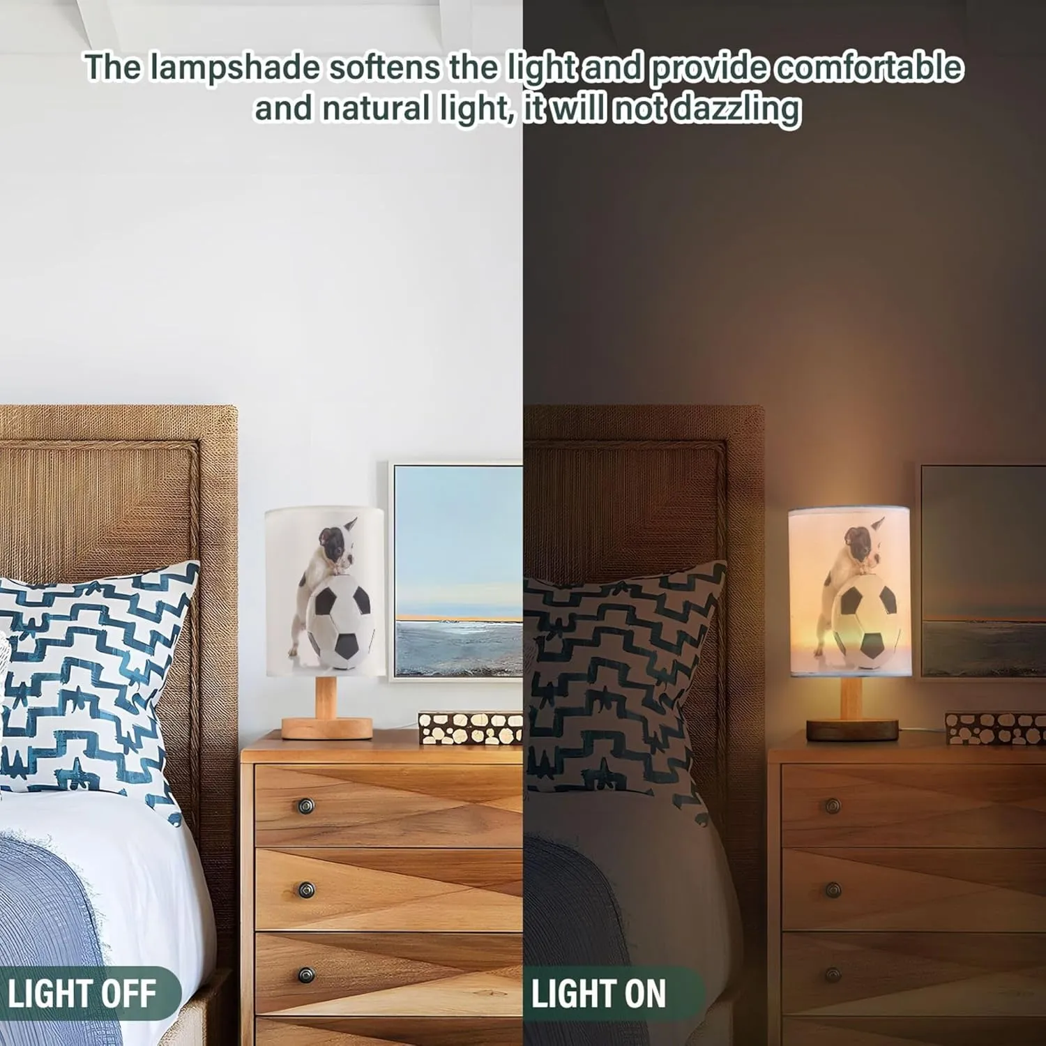 Table Lamp French Bulldog Puppy Dog Football Soccer Ball Nightstand Lamp with Wood Base Fabric Lamp Shade Bedside Desk Lamp for Living Room Bedroom Kids Room Office