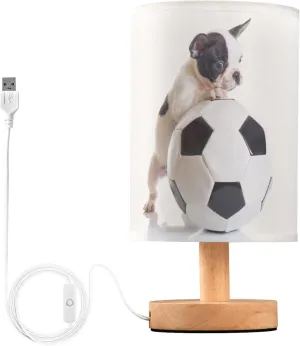 Table Lamp French Bulldog Puppy Dog Football Soccer Ball Nightstand Lamp with Wood Base Fabric Lamp Shade Bedside Desk Lamp for Living Room Bedroom Kids Room Office