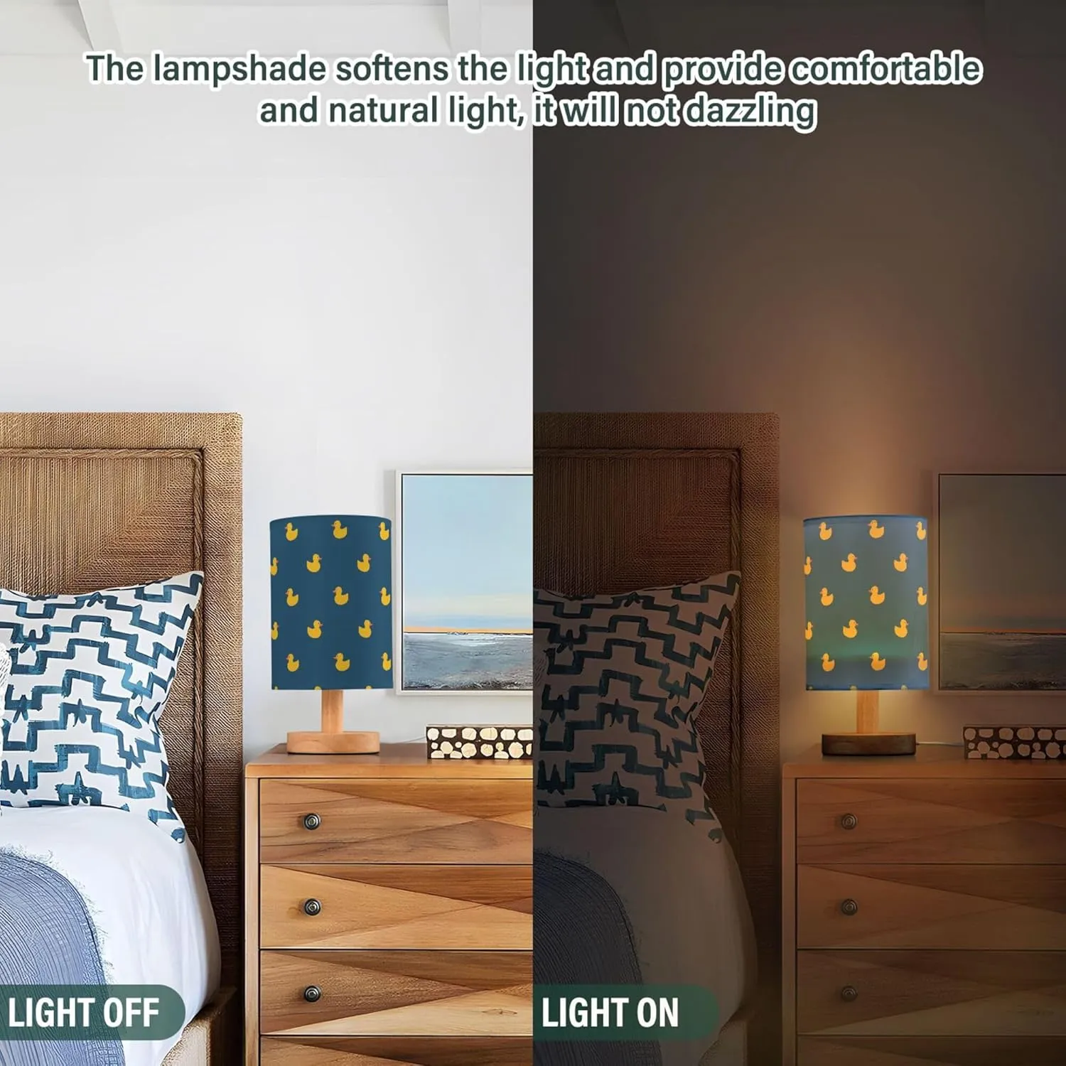 Table Lamp Yellow Duck Pattern on Dark Blue Nightstand Lamp with Wood Base Fabric Lamp Shade Bedside Desk Lamp for Living Room Bedroom Kids Room Office