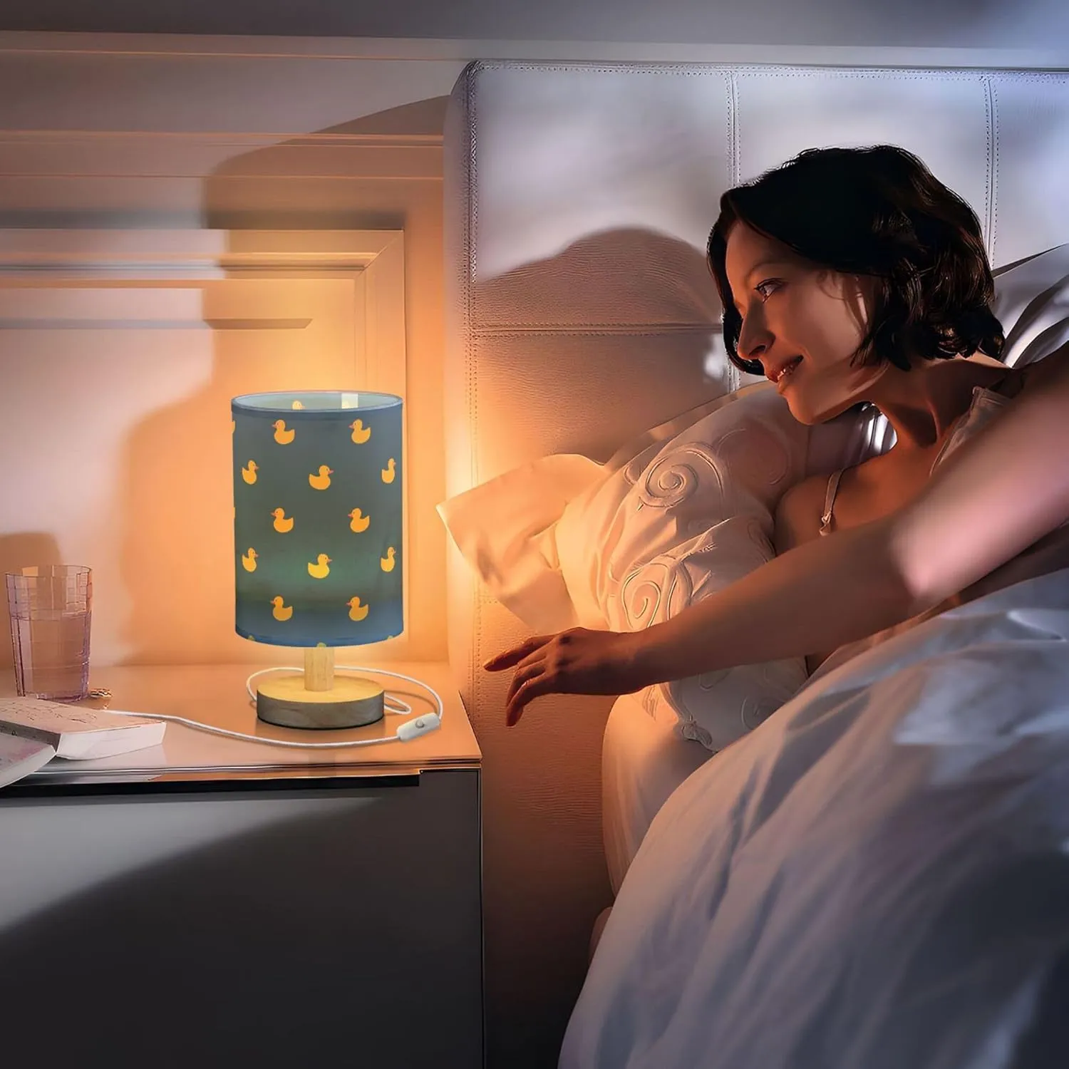 Table Lamp Yellow Duck Pattern on Dark Blue Nightstand Lamp with Wood Base Fabric Lamp Shade Bedside Desk Lamp for Living Room Bedroom Kids Room Office
