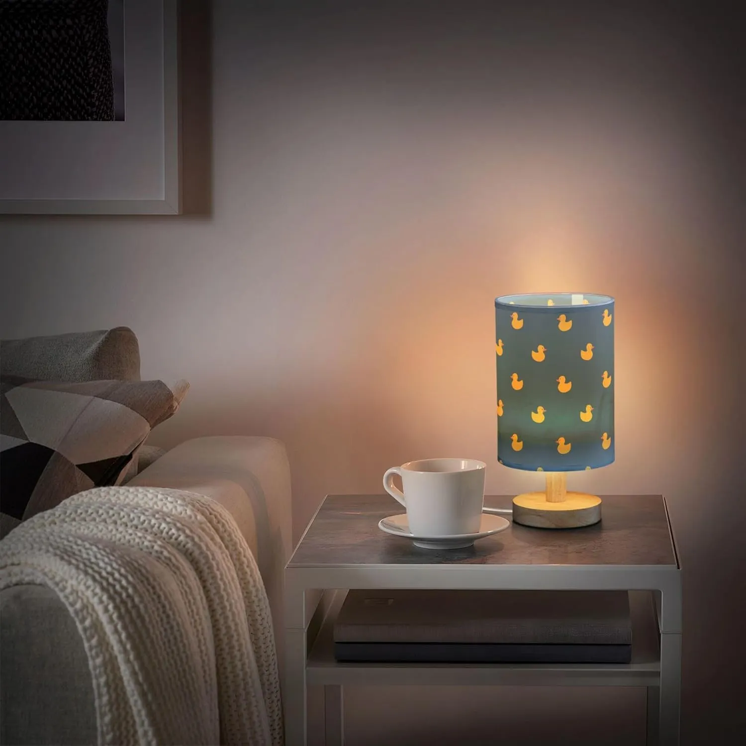 Table Lamp Yellow Duck Pattern on Dark Blue Nightstand Lamp with Wood Base Fabric Lamp Shade Bedside Desk Lamp for Living Room Bedroom Kids Room Office