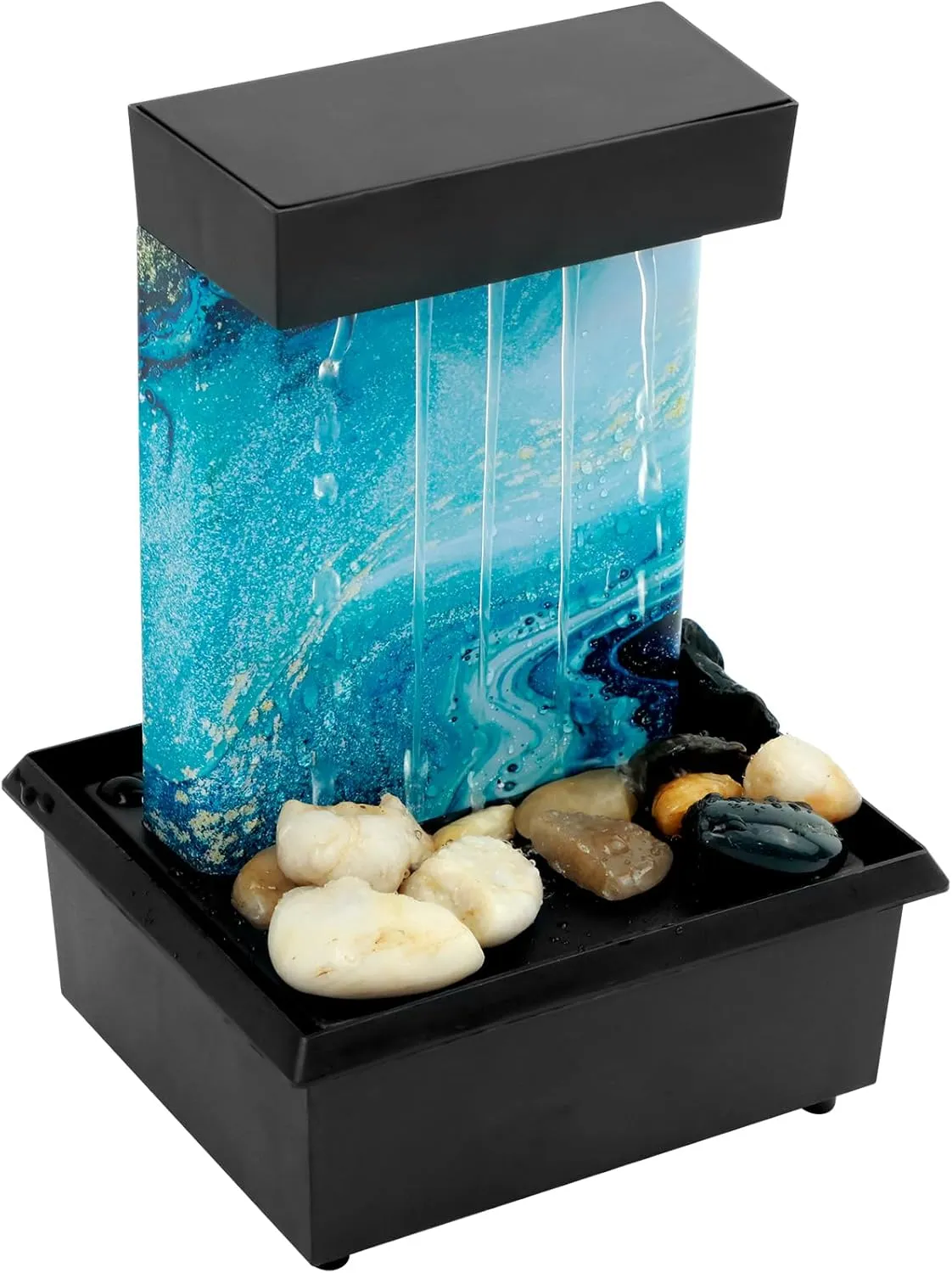 Tabletop Fountain with Light - Battery/USB Operated Mini Indoor Water Feature Zen Meditation Decor Sound Relaxation Ornament for Table, Office, Home, Bedroom (Light Blue)