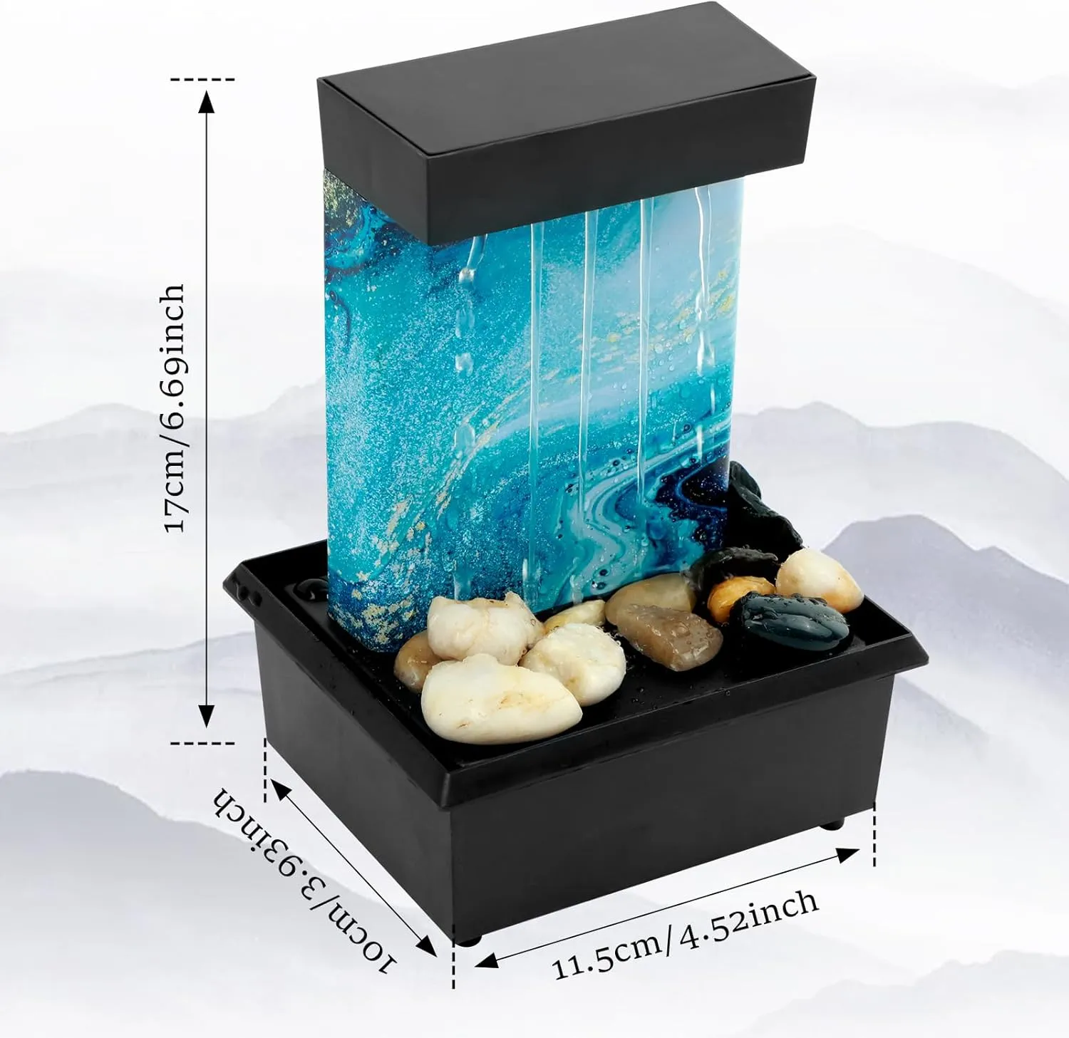 Tabletop Fountain with Light - Battery/USB Operated Mini Indoor Water Feature Zen Meditation Decor Sound Relaxation Ornament for Table, Office, Home, Bedroom (Light Blue)