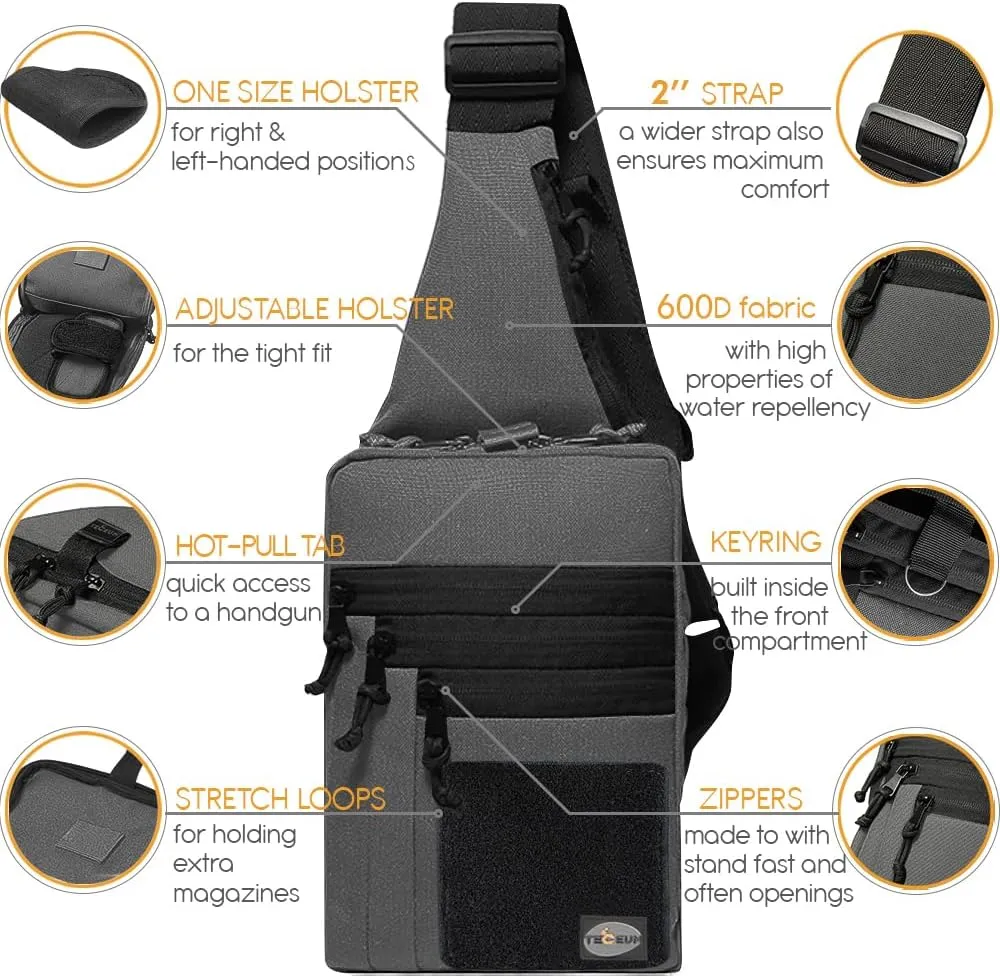 TECEUM Tactical Compact Sling Bag – CCW for Everyday – 10  Styles – Shoulder Crossbody Bag for Concealed Carry of Handgun