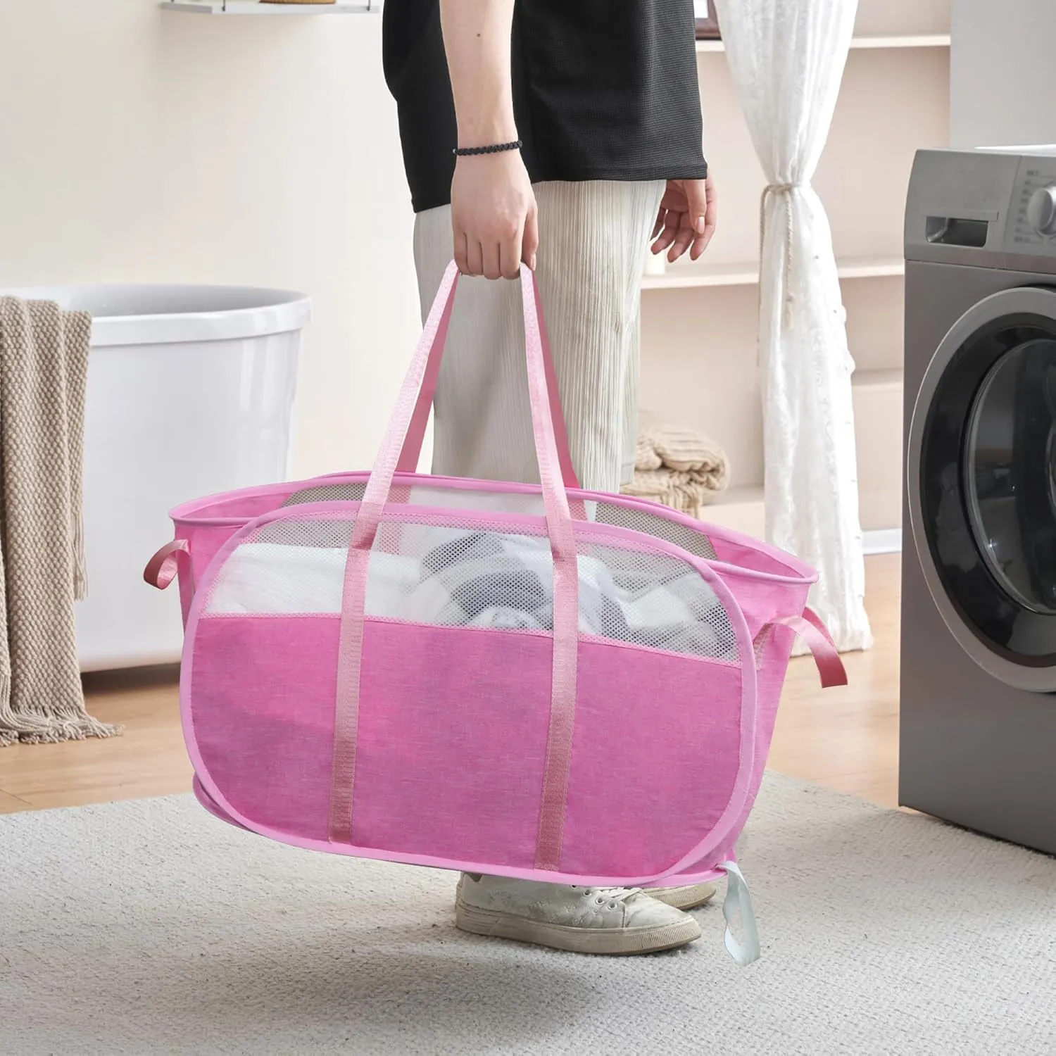 TECHMILLY Collapsible Laundry Basket, Foldable Tear Proof Mesh Pop Up Hamper with Reinforced Carry Handles for Laundry, Bathroom, Dorm or Travel (Pink, 3 Pack)