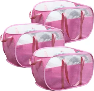 TECHMILLY Collapsible Laundry Basket, Foldable Tear Proof Mesh Pop Up Hamper with Reinforced Carry Handles for Laundry, Bathroom, Dorm or Travel (Pink, 3 Pack)