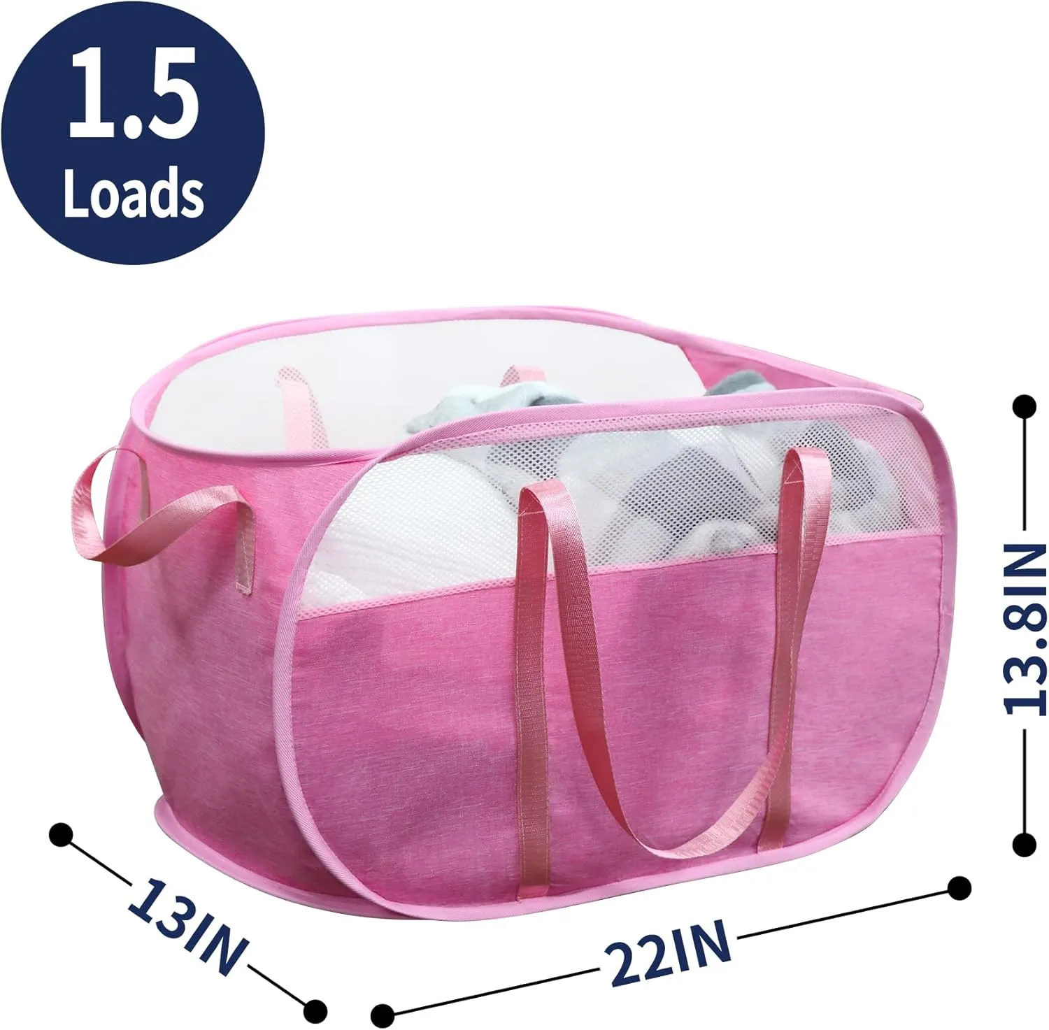 TECHMILLY Collapsible Laundry Basket, Foldable Tear Proof Mesh Pop Up Hamper with Reinforced Carry Handles for Laundry, Bathroom, Dorm or Travel (Pink, 3 Pack)