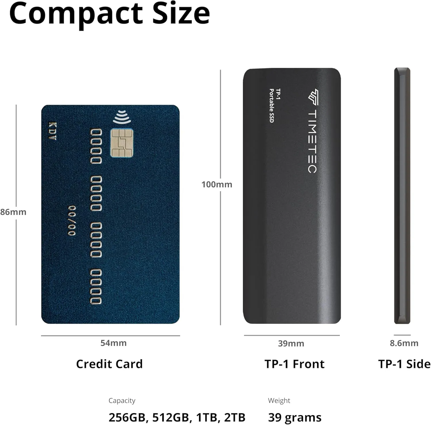 Timetec 256GB Portable External SSD USB3.2 Gen2 Type C Up to 550MB/s Ultra-Light Aluminum Mini External Solid State Drive with USB C to A Cable/USB A to C adapter for Desktops/Laptop/Mac/Mobile- Black