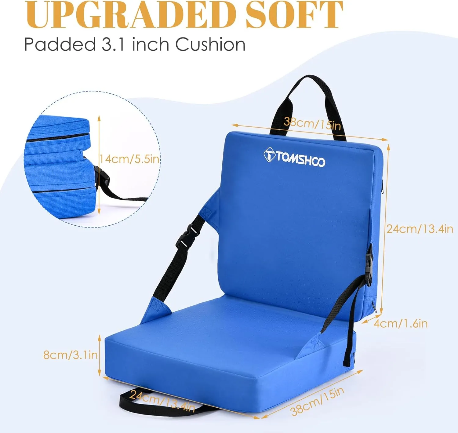 TOMSHOO Portable Stadium Seat Cushion with Backrest Waterproof Nylon Bleacher Cushion Ultralight Seat Padding with Back Support for Sports Fishing Kayaks Camping Concerts Outdoor Activities