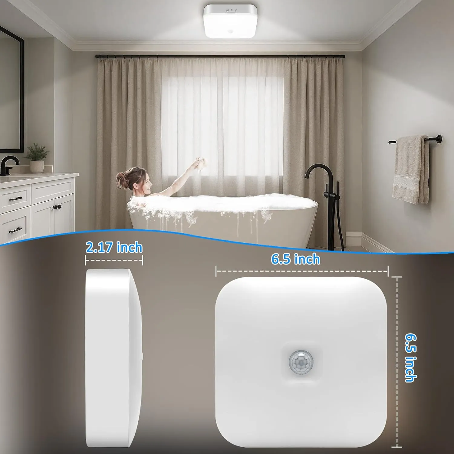 TOOWELL Rechargeable Motion Sensor Ceiling Light Indoor - 10000mAh Battery Operated Closet Light,500LM Motion Activated Wireless Lights for Closet Shower Bathroom Pantry Hallway Porch Stair 5000K