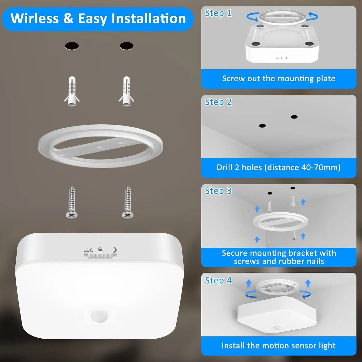 TOOWELL Rechargeable Motion Sensor Ceiling Light Indoor - 10000mAh Battery Operated Closet Light,500LM Motion Activated Wireless Lights for Closet Shower Bathroom Pantry Hallway Porch Stair 5000K