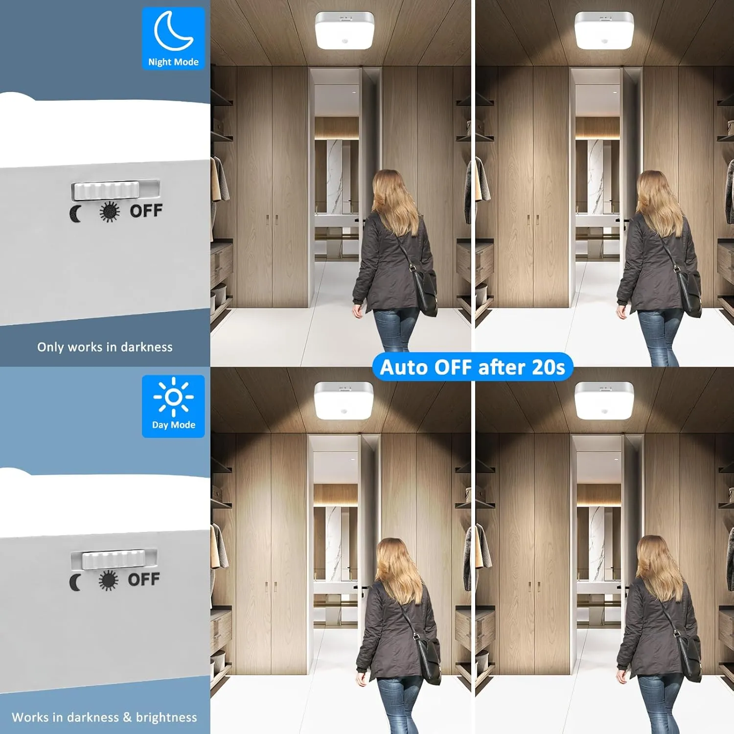 TOOWELL Rechargeable Motion Sensor Ceiling Light Indoor - 10000mAh Battery Operated Closet Light,500LM Motion Activated Wireless Lights for Closet Shower Bathroom Pantry Hallway Porch Stair 5000K