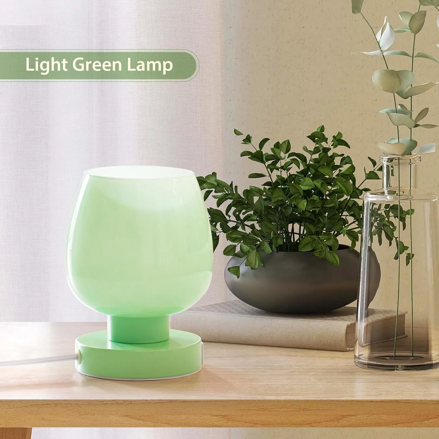 Touch Bedside Table Lamp with USB Charging - Modern Green Small Lamp for Bedroom Living Room Nightstand, Desk lamp with Glass Lamp Shade, Warm LED Bulb Included, 3 Way Dimmable, Simple Design