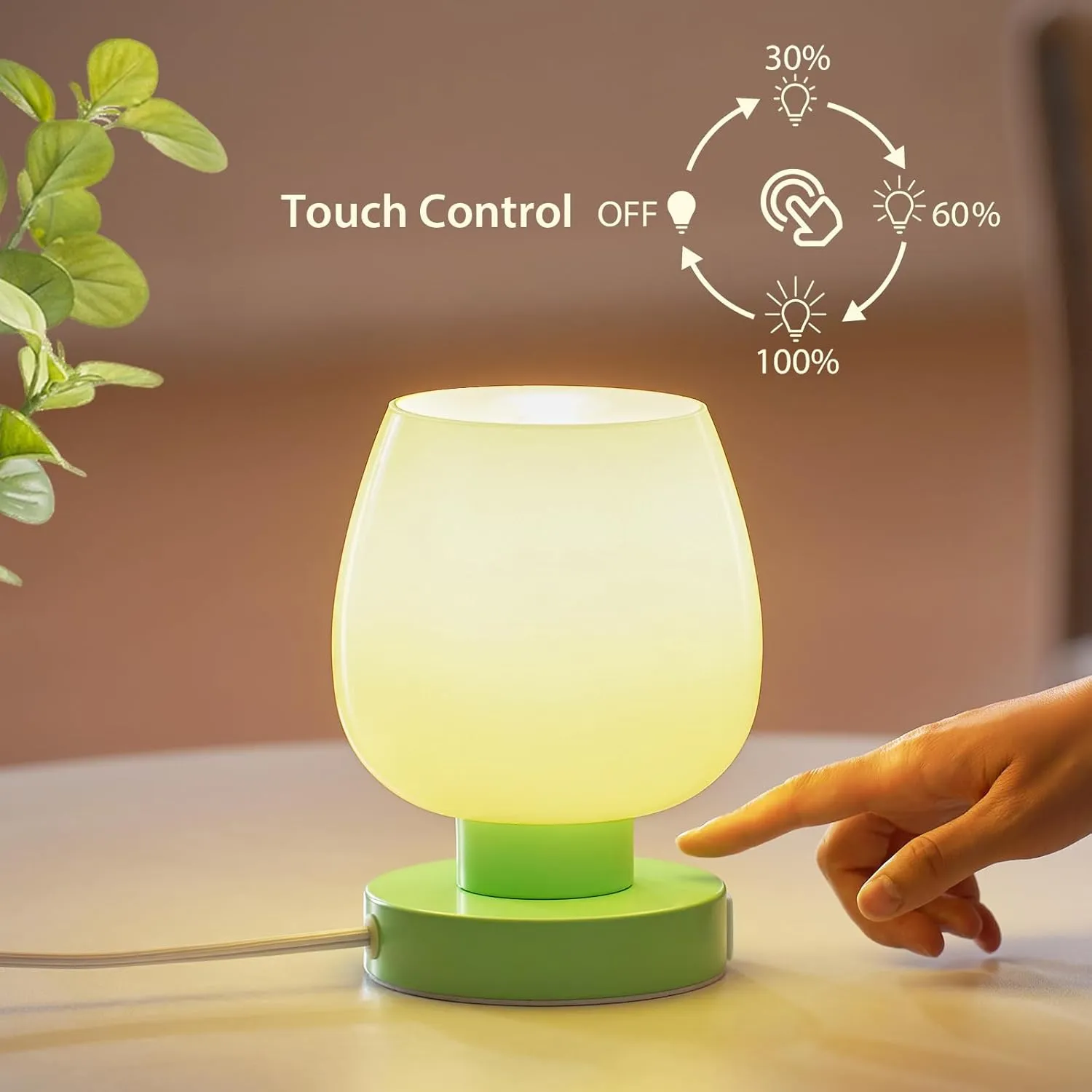 Touch Bedside Table Lamp with USB Charging - Modern Green Small Lamp for Bedroom Living Room Nightstand, Desk lamp with Glass Lamp Shade, Warm LED Bulb Included, 3 Way Dimmable, Simple Design