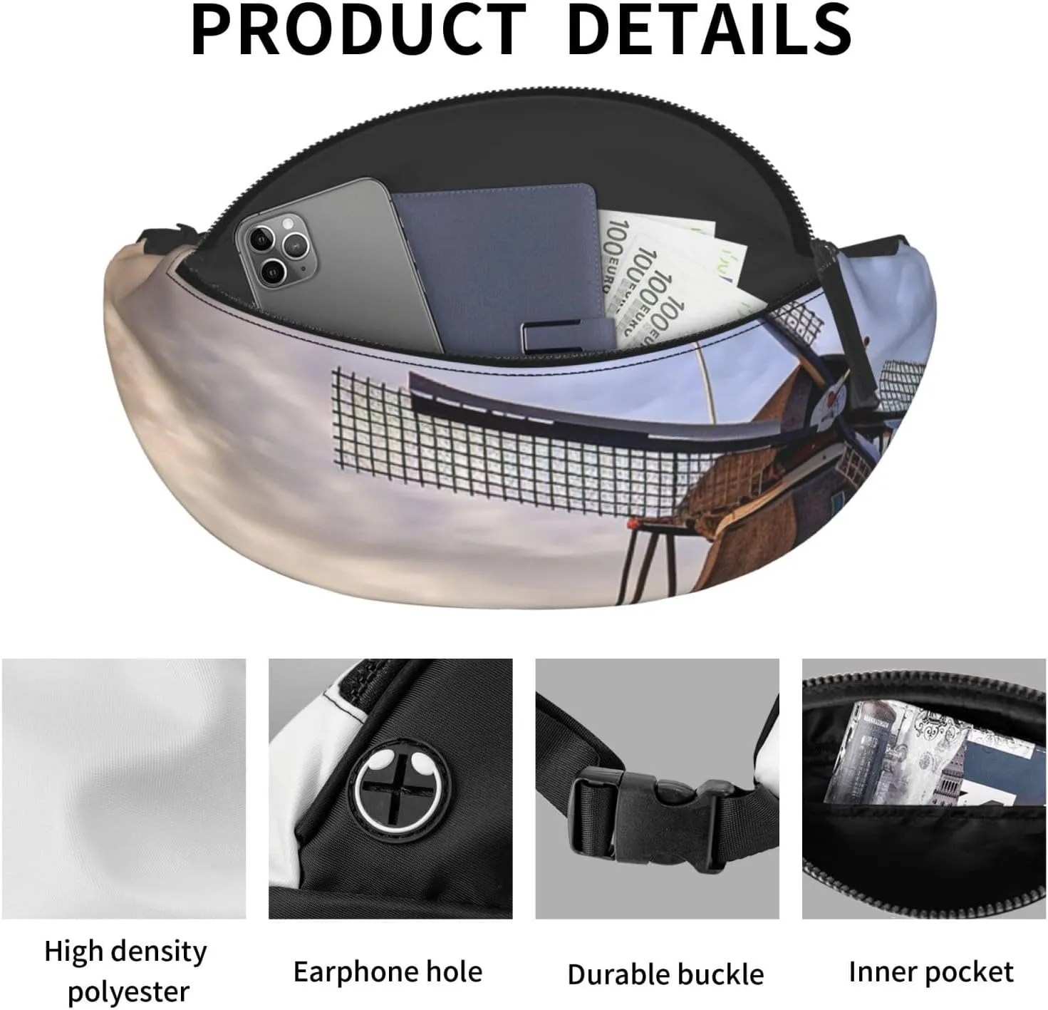 Traditional Windmill Fanny Pack for Man Women Waist Bag Adjustable Belt Casual Chest Bag Bum Bags for Travel Sports Running Hiking Waist Packs