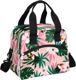 Tropic Parrot Large Lunch Bag Insulated Lunch Box for Women and Men Flowers Leaf Lunch Tote Bag with Adjustable Shoulder Strap for Office Work Picnic Hiking Beach Fishing
