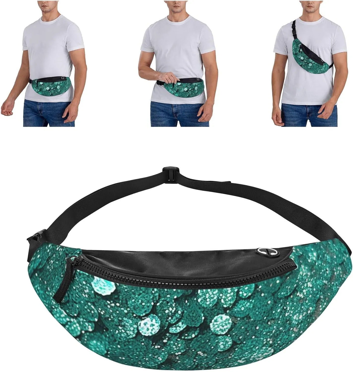 Turquoise Glitter Fanny Pack for Man Women Waist Bag Adjustable Belt Casual Chest Bag Bum Bags for Travel Sports Running Hiking Waist Packs