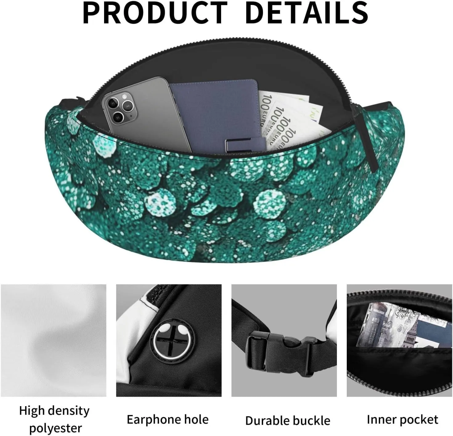 Turquoise Glitter Fanny Pack for Man Women Waist Bag Adjustable Belt Casual Chest Bag Bum Bags for Travel Sports Running Hiking Waist Packs