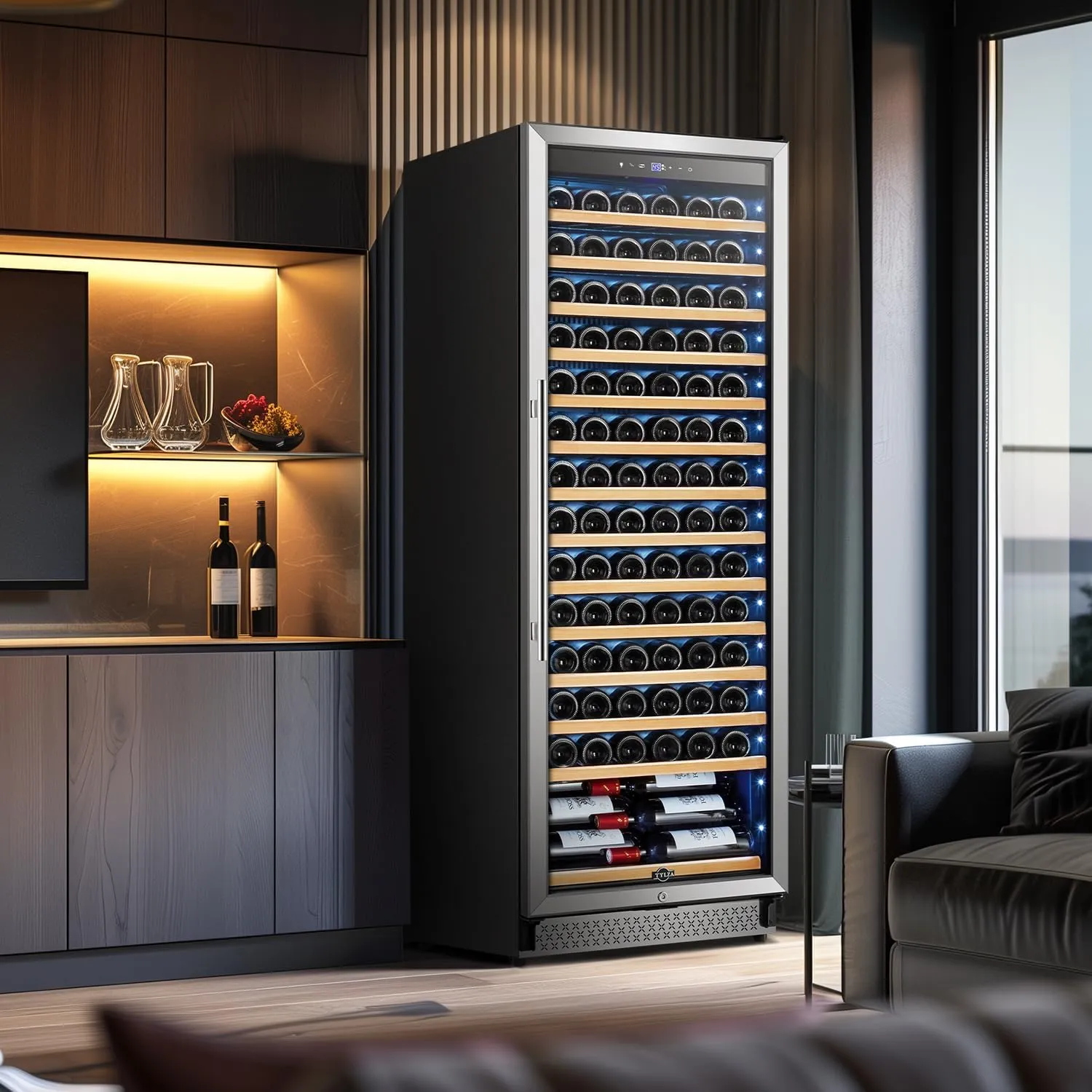 Tylza Upgraded 154 Bottles Wine Cooler Refrigerator, 24 Inch Tall Wine Fridge Built-in or Freestanding with Professional Compressor, Low Noise Fast Cooling and Intelligent Temperature Memory