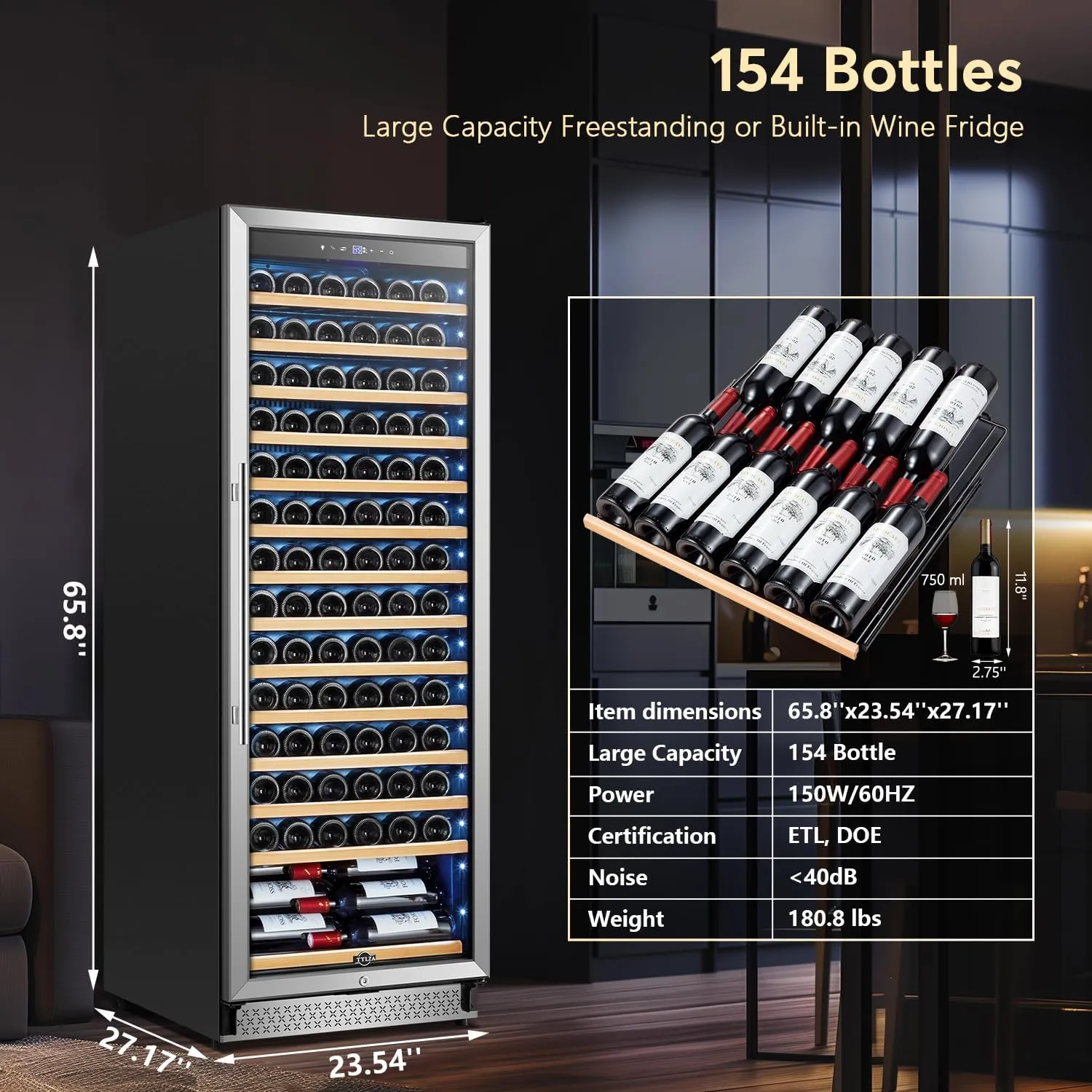 Tylza Upgraded 154 Bottles Wine Cooler Refrigerator, 24 Inch Tall Wine Fridge Built-in or Freestanding with Professional Compressor, Low Noise Fast Cooling and Intelligent Temperature Memory