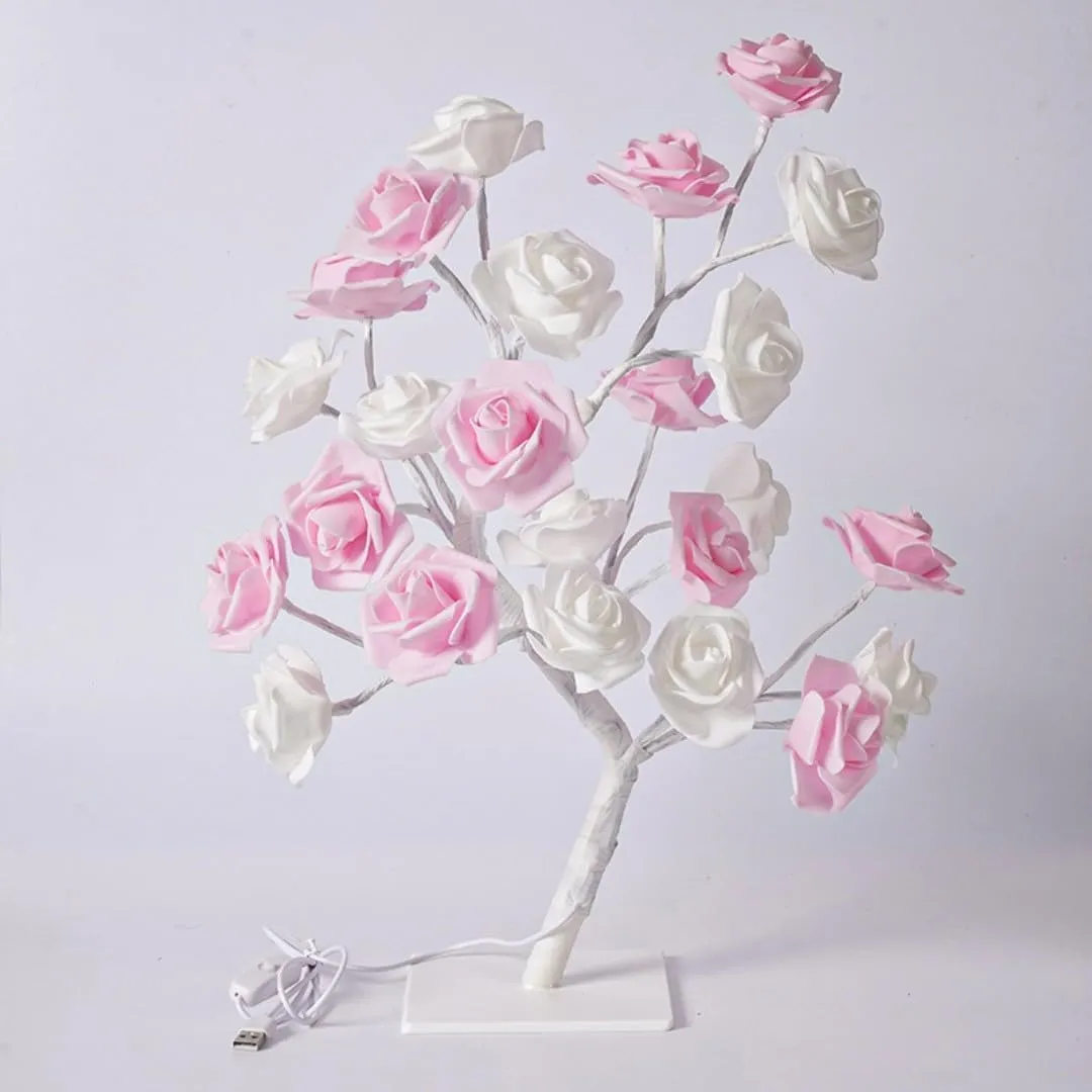 Ulalaza Rose Tree Lighth with 24 LEDs USB Supply Warm Wire Bedside Light with Switch for Home Room Decor