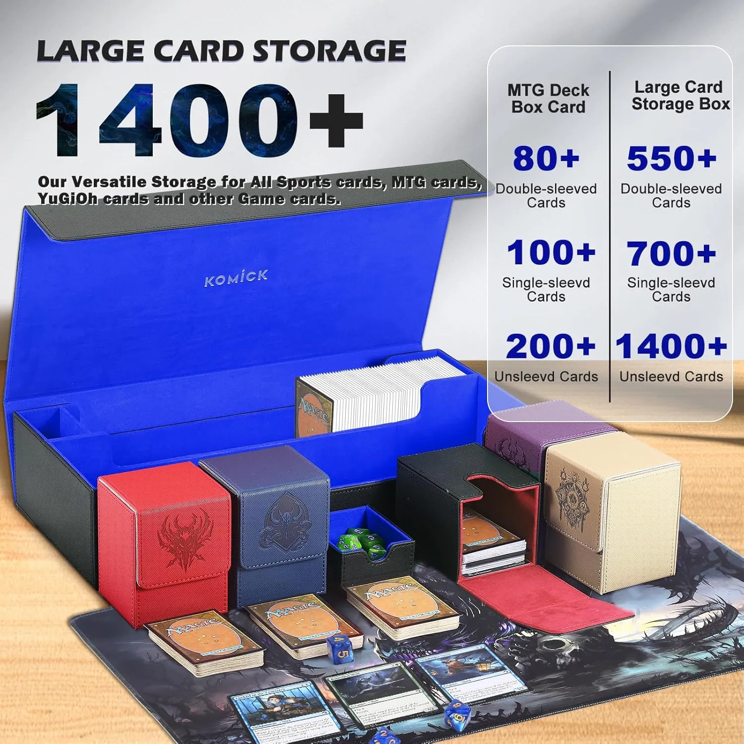 Ultimate 6-in-1 Card Deck Box Set with Playmat Dice Tray, Large MTG Card Storage Box with 5 PCS Deck Case 2400  Unsleeved Trading Cards Deck Box MTG TCG CCG Yugioh Sports Cards (Black/Blue)