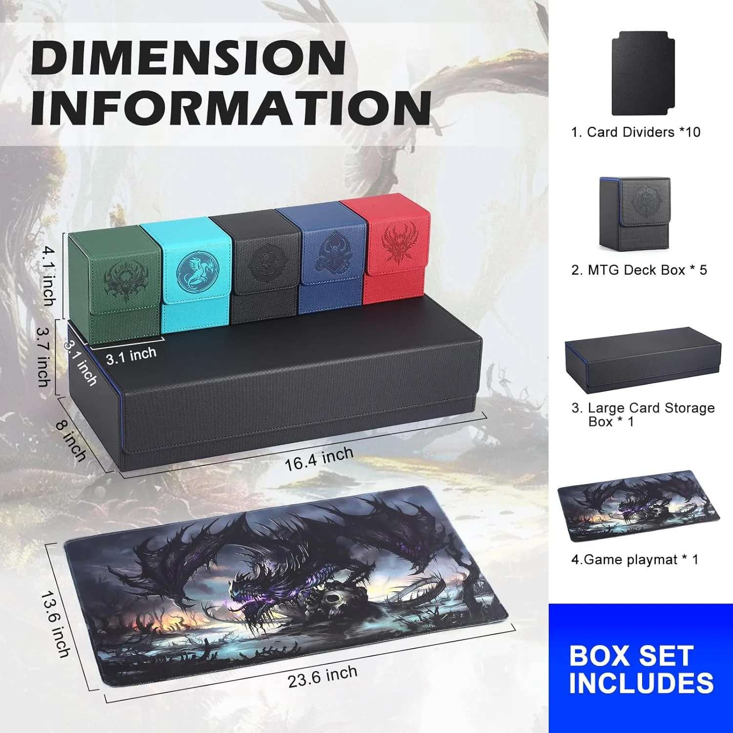 Ultimate 6-in-1 Card Deck Box Set with Playmat Dice Tray, Large MTG Card Storage Box with 5 PCS Deck Case 2400  Unsleeved Trading Cards Deck Box MTG TCG CCG Yugioh Sports Cards (Black/Blue)