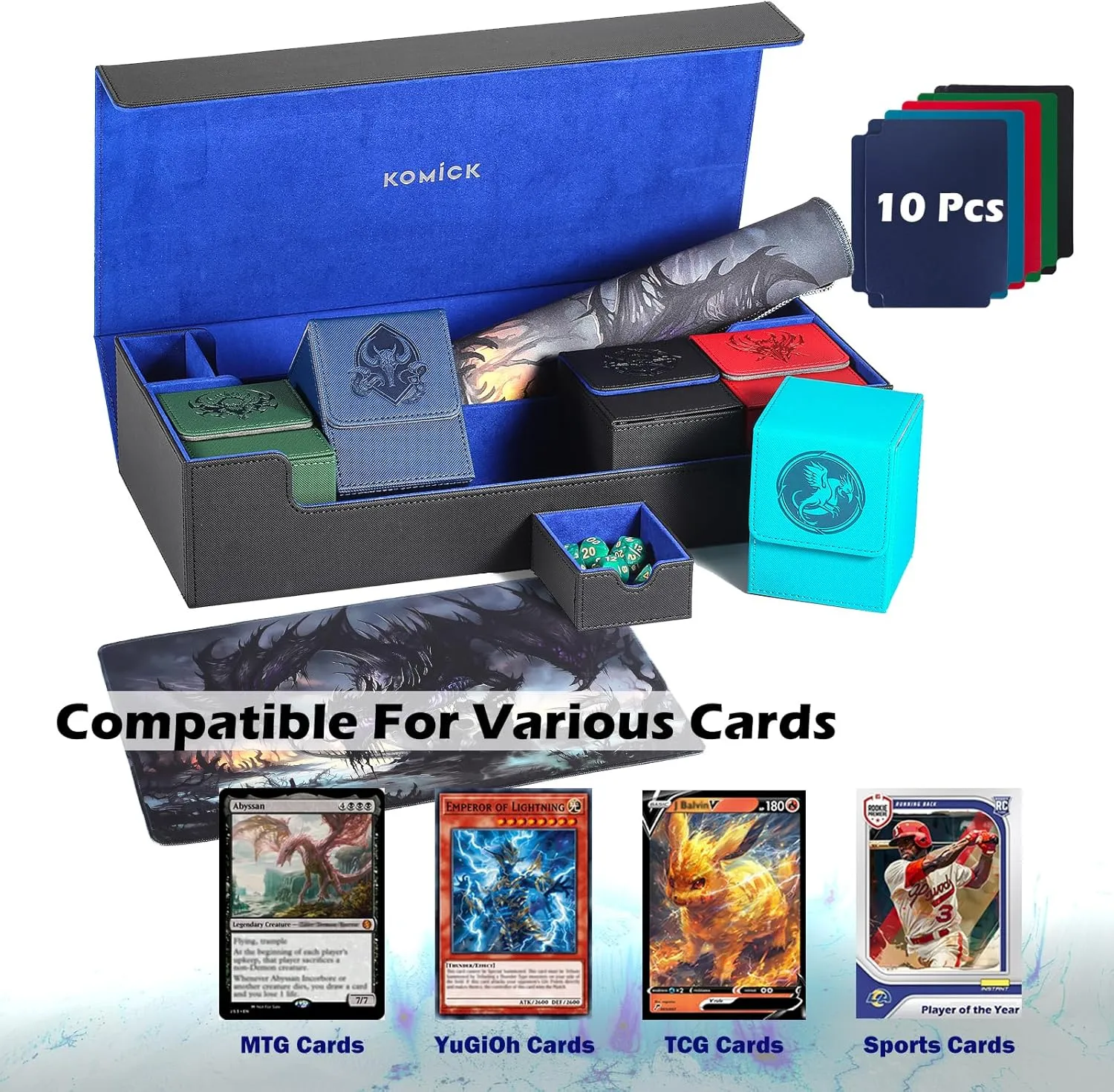 Ultimate 6-in-1 Card Deck Box Set with Playmat Dice Tray, Large MTG Card Storage Box with 5 PCS Deck Case 2400  Unsleeved Trading Cards Deck Box MTG TCG CCG Yugioh Sports Cards (Black/Blue)