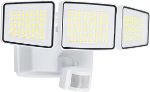 UME Battery Powered Motion Sensor Outdoor Lights 302 LED 1800LM, IP65 Waterproof Battery Operated Flood Lights Outdoor, 3 Heads Security Motion Light with 3 Modes for Garden Patio Yard (White)