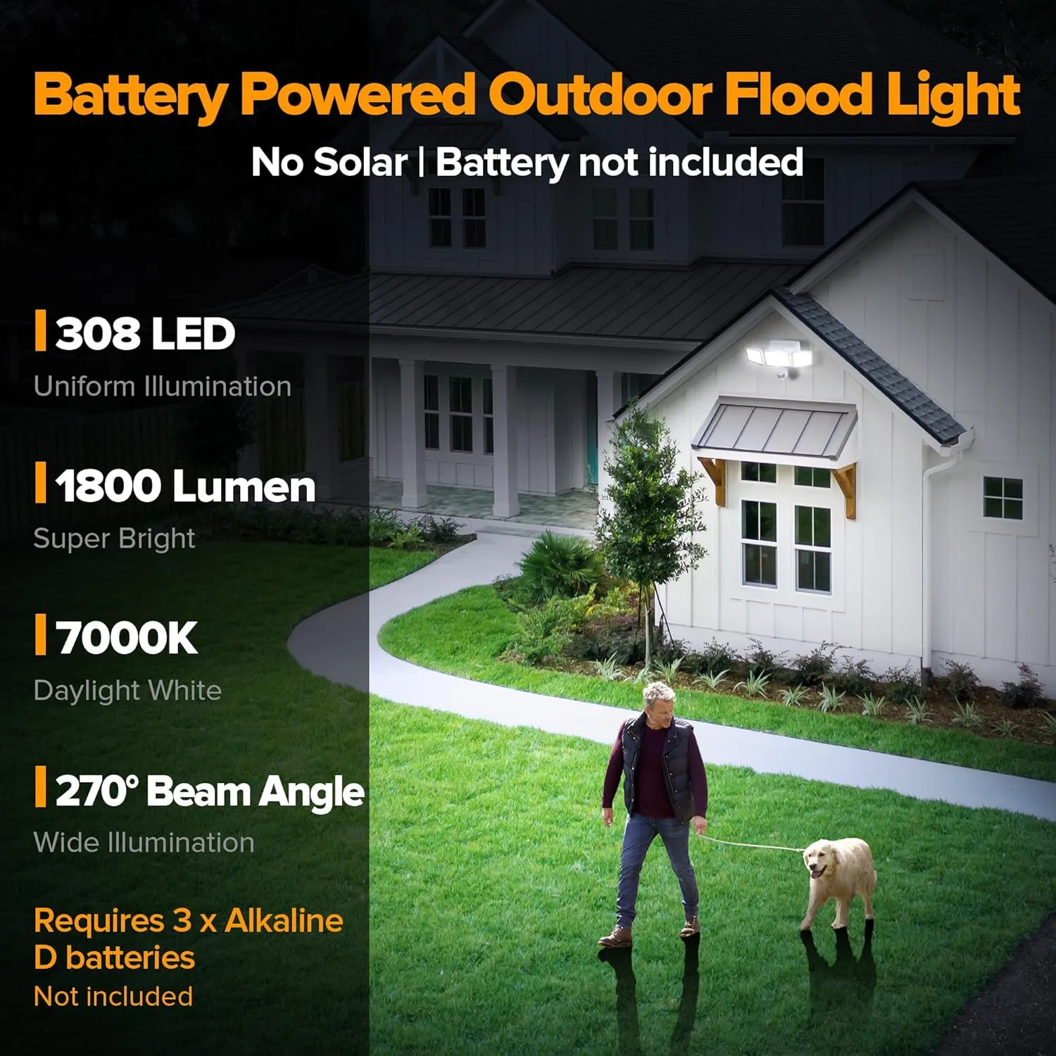 UME Battery Powered Motion Sensor Outdoor Lights 302 LED 1800LM, IP65 Waterproof Battery Operated Flood Lights Outdoor, 3 Heads Security Motion Light with 3 Modes for Garden Patio Yard (White)