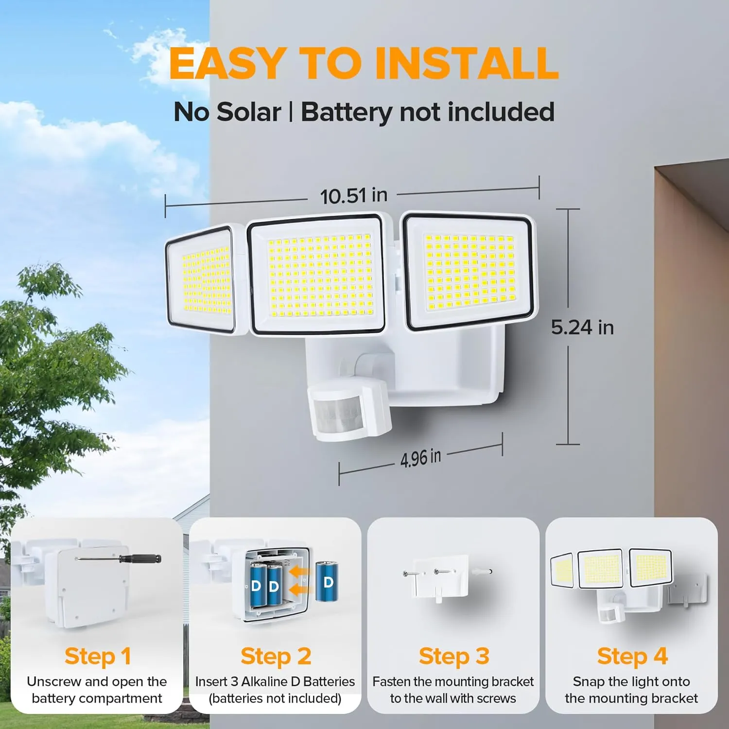 UME Battery Powered Motion Sensor Outdoor Lights 302 LED 1800LM, IP65 Waterproof Battery Operated Flood Lights Outdoor, 3 Heads Security Motion Light with 3 Modes for Garden Patio Yard (White)