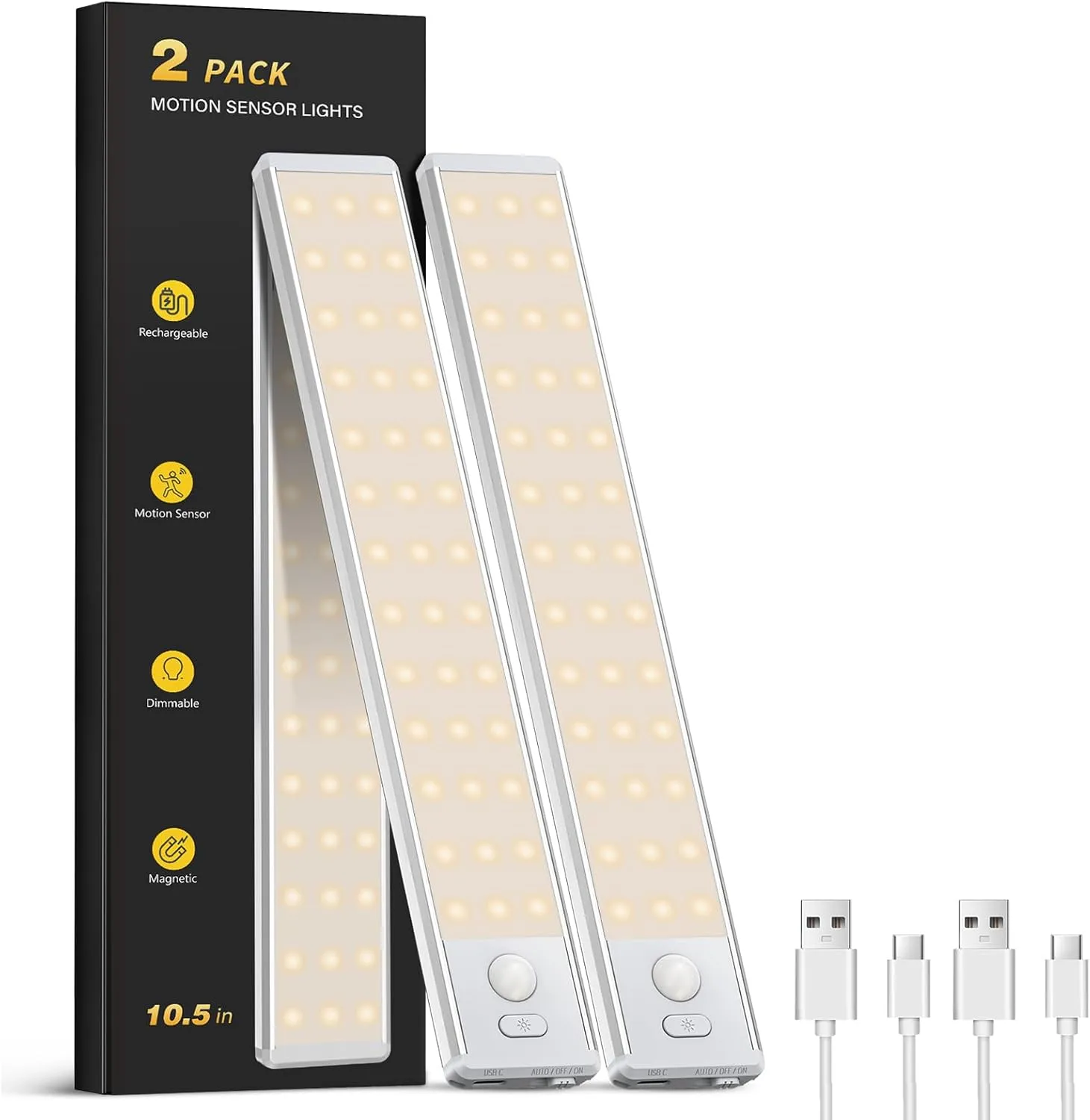 Under Cabinet Lighting - 10.5" Motion Sensor Light Indoor, Magnetic Wireless Closet Lights, Dimmable Led Night Light, Rechargeable Under Counter Lights for Kitchen, Bedroom, Stair, 2 Pack