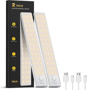 Under Cabinet Lighting - 10.5" Motion Sensor Light Indoor, Magnetic Wireless Closet Lights, Dimmable Led Night Light, Rechargeable Under Counter Lights for Kitchen, Bedroom, Stair, 2 Pack