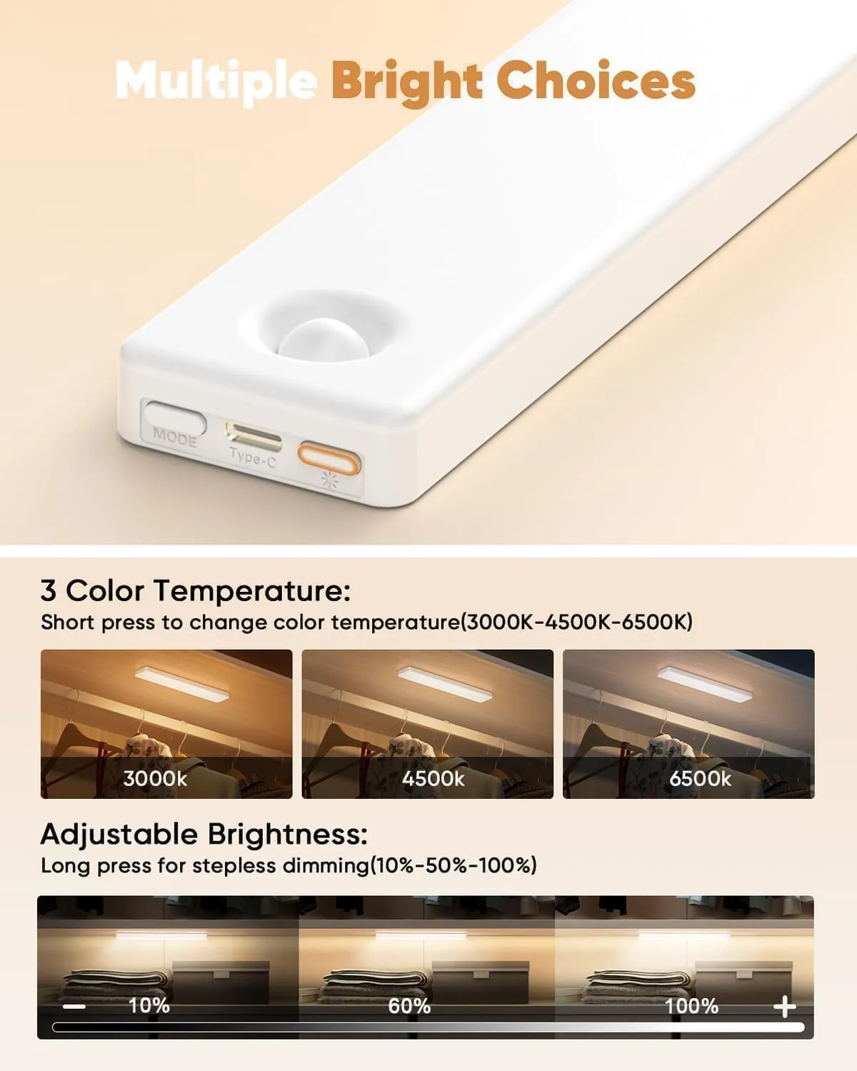 Under Cabinet Lighting, 3 Color Temperatures Motion Sensor Light Indoor, USB Rechargeable Battery Operated Closet Lights, Wireless Dimmable LED Cabinet Lights, Under Counter Light for Kitchen (2 Pack)