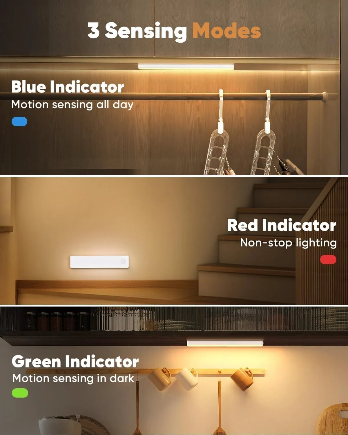 Under Cabinet Lighting, 3 Color Temperatures Motion Sensor Light Indoor, USB Rechargeable Battery Operated Closet Lights, Wireless Dimmable LED Cabinet Lights, Under Counter Light for Kitchen (2 Pack)