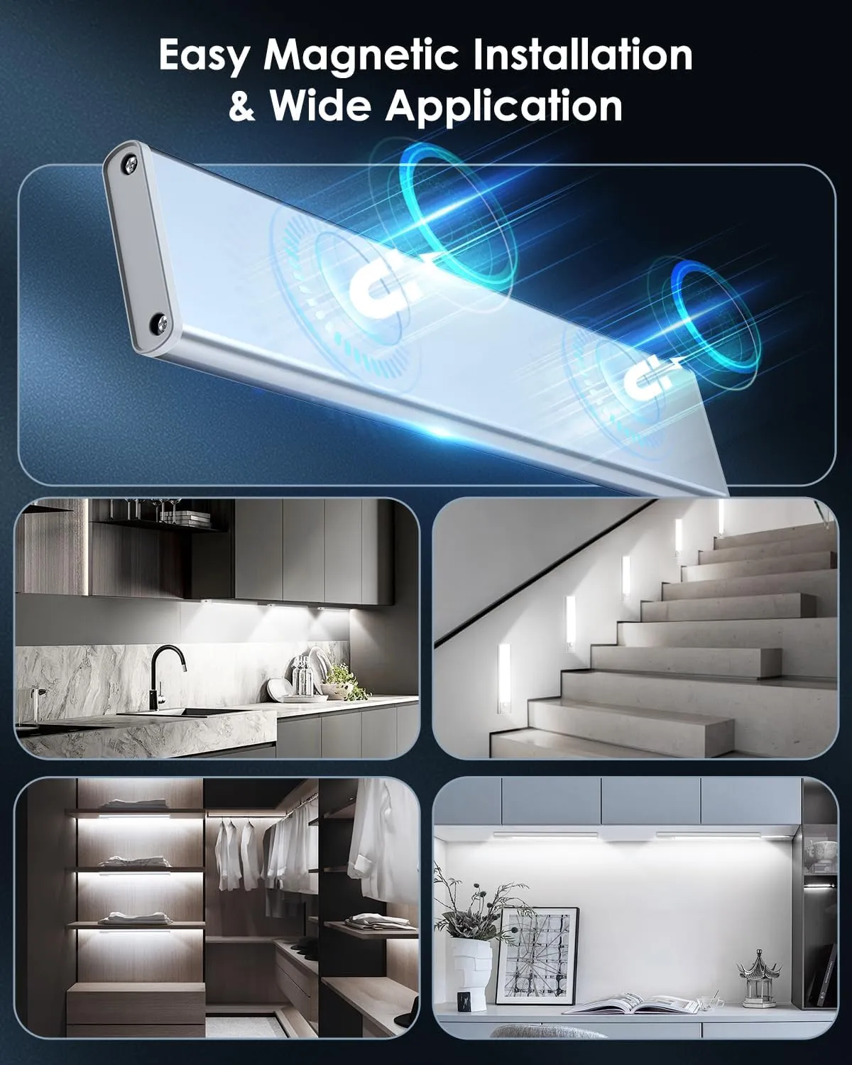 Under Cabinet Lighting, 5 Pack Rechargeable LED Motion Sensor Light Indoor Upgraded 2000mAh, Wireless Battery Operated Under Counter Lights for Kitchen, Magnetic Dimmable Closet Lights Stairs, 8in