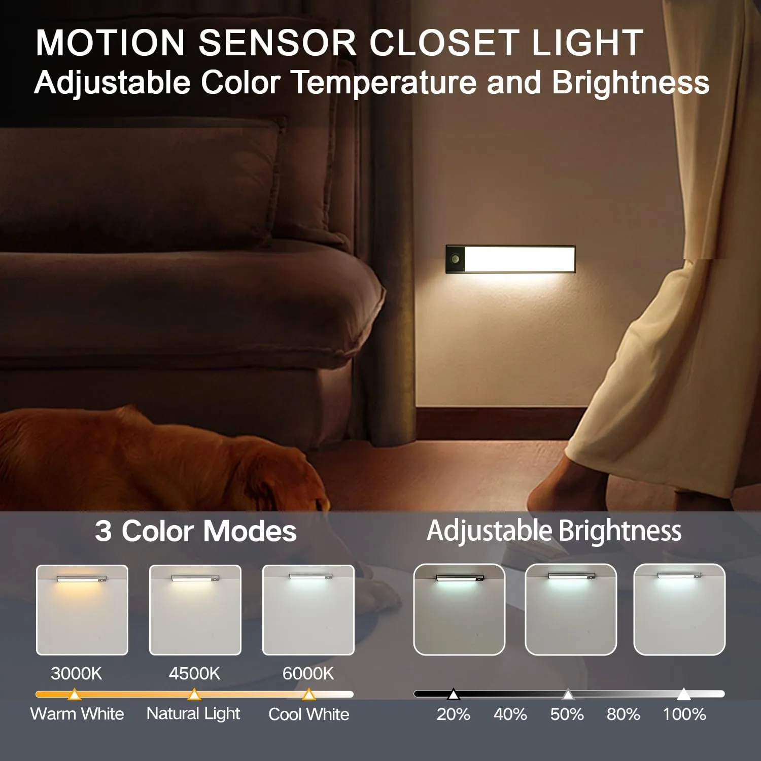 Under Cabinet Lighting, 8 inch 3200 mAh Rechargeable Battery Operated Closet Lights, Magnetic Motion Sensor Light Indoor, Under Counter Lights for Kitchen Stair(3 Color Temp., 2 Pack)