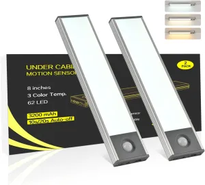 Under Cabinet Lighting, 8 inch 3200 mAh Rechargeable Battery Operated Closet Lights, Magnetic Motion Sensor Light Indoor, Under Counter Lights for Kitchen Stair(3 Color Temp., 2 Pack)
