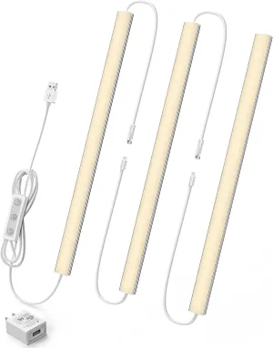 Under Cabinet Lighting Plug-in, Dimmable Under Counter Lights for Kitchen, 3pcs 12 Inch, Warm White 3000K Linkable USB Led Light Strip, Wired Led Light Bar for Desk,Sink,Workbench